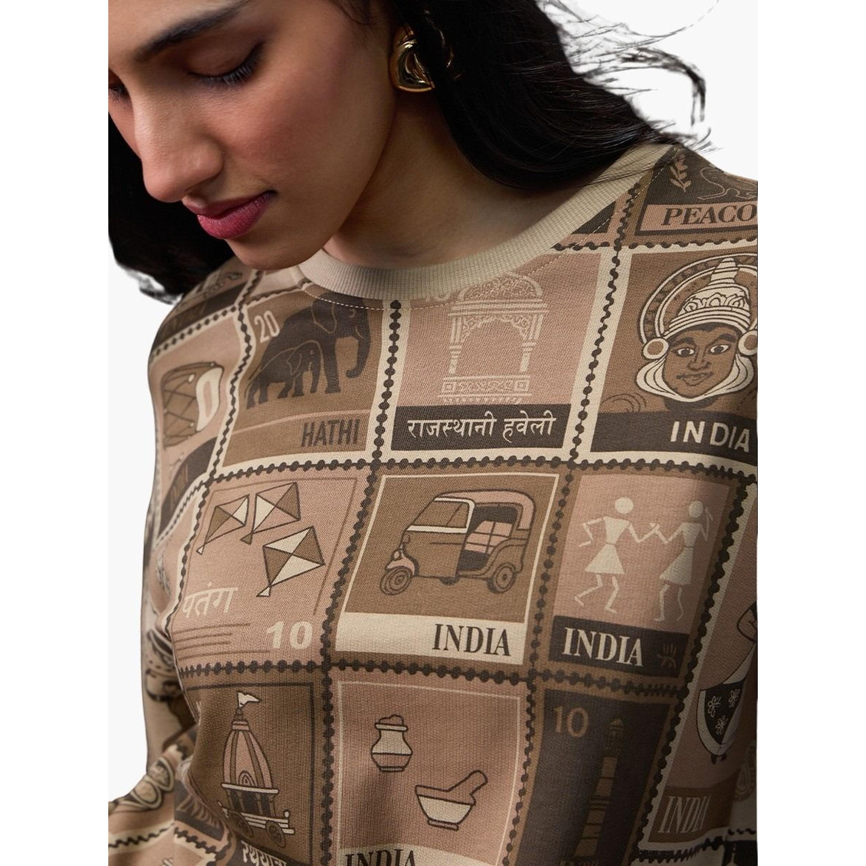 The Souled Store X Styli Brown All Over Print Oversized T-Shirt-women-clothing-tshirts-image-3