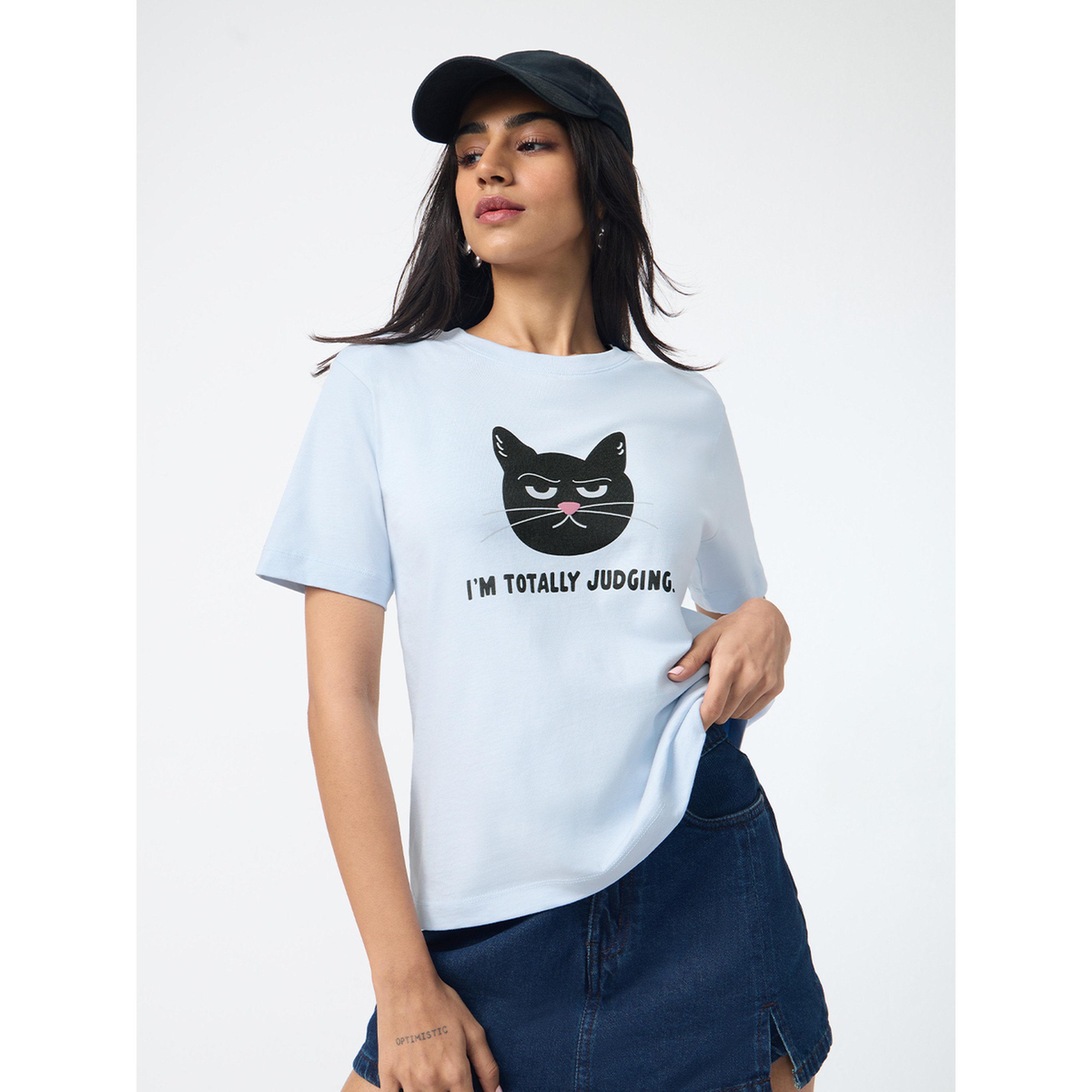 The Souled Store X Styli Light Blue Cat Print Regular Fit T-Shirt-women-clothing-tshirts-image-1