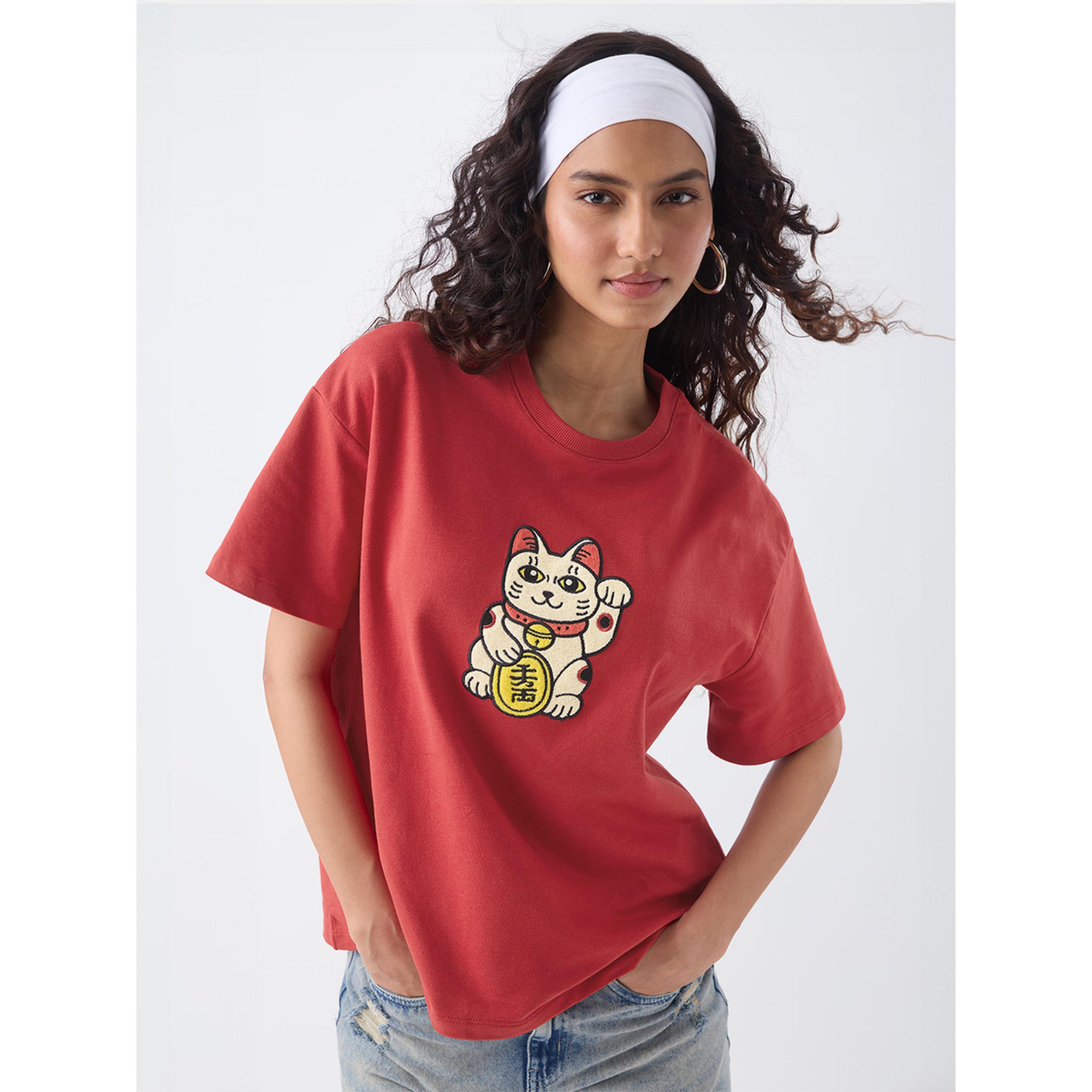تيشيرت بطبعة قطة الحظ وقصة واسعة-women-clothing-tshirts-image-1