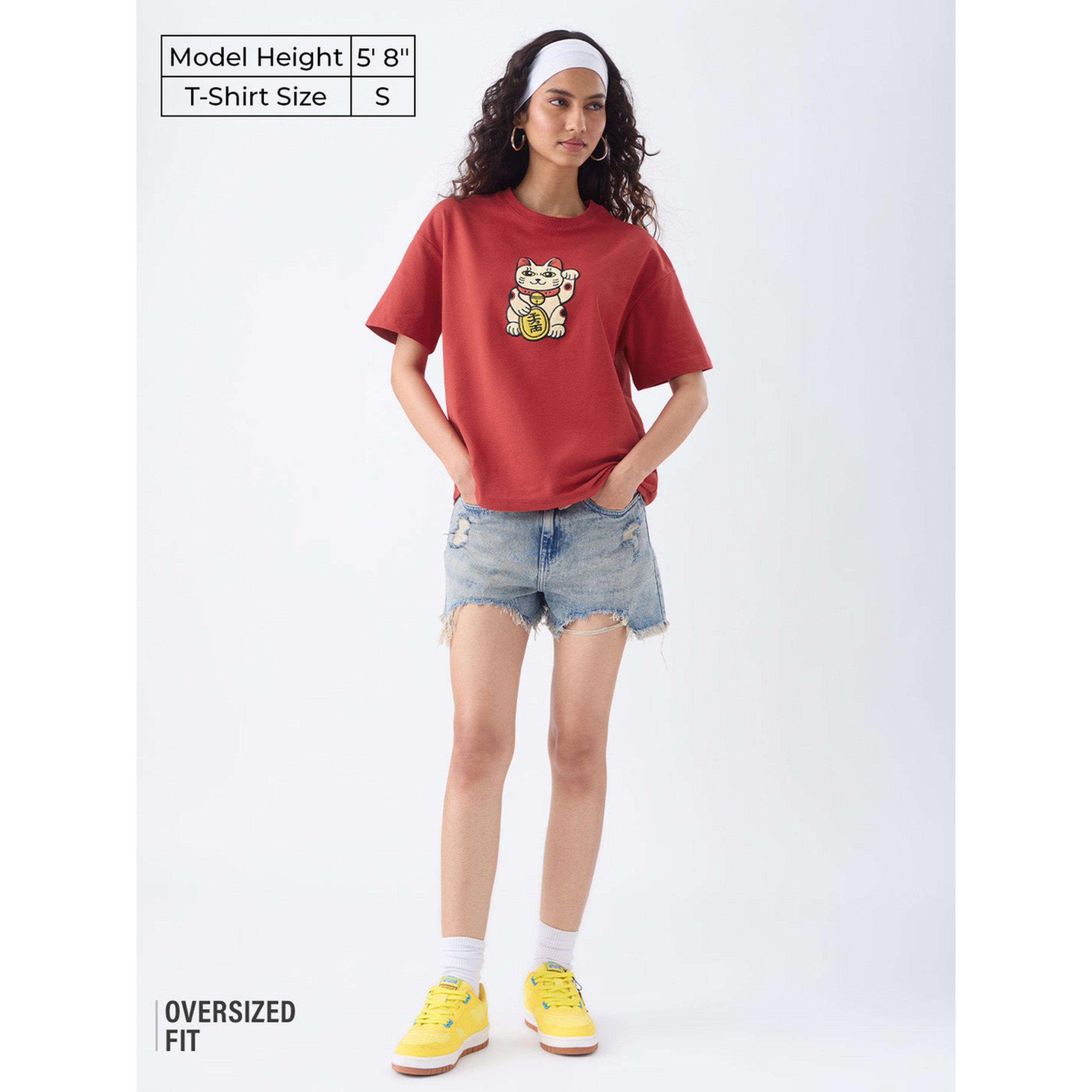 تيشيرت بطبعة قطة الحظ وقصة واسعة-women-clothing-tshirts-image-2