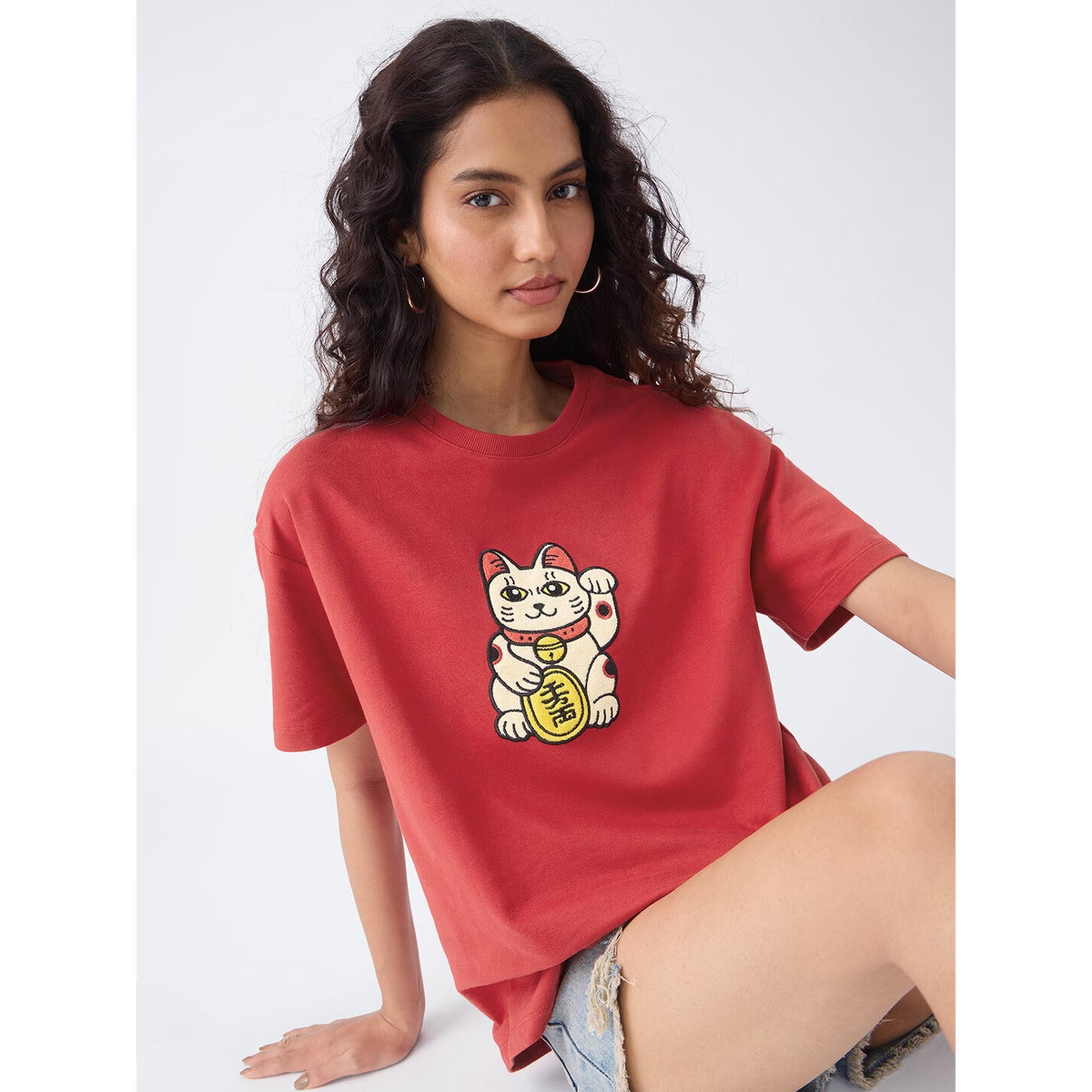 تيشيرت بطبعة قطة الحظ وقصة واسعة-women-clothing-tshirts-image-3