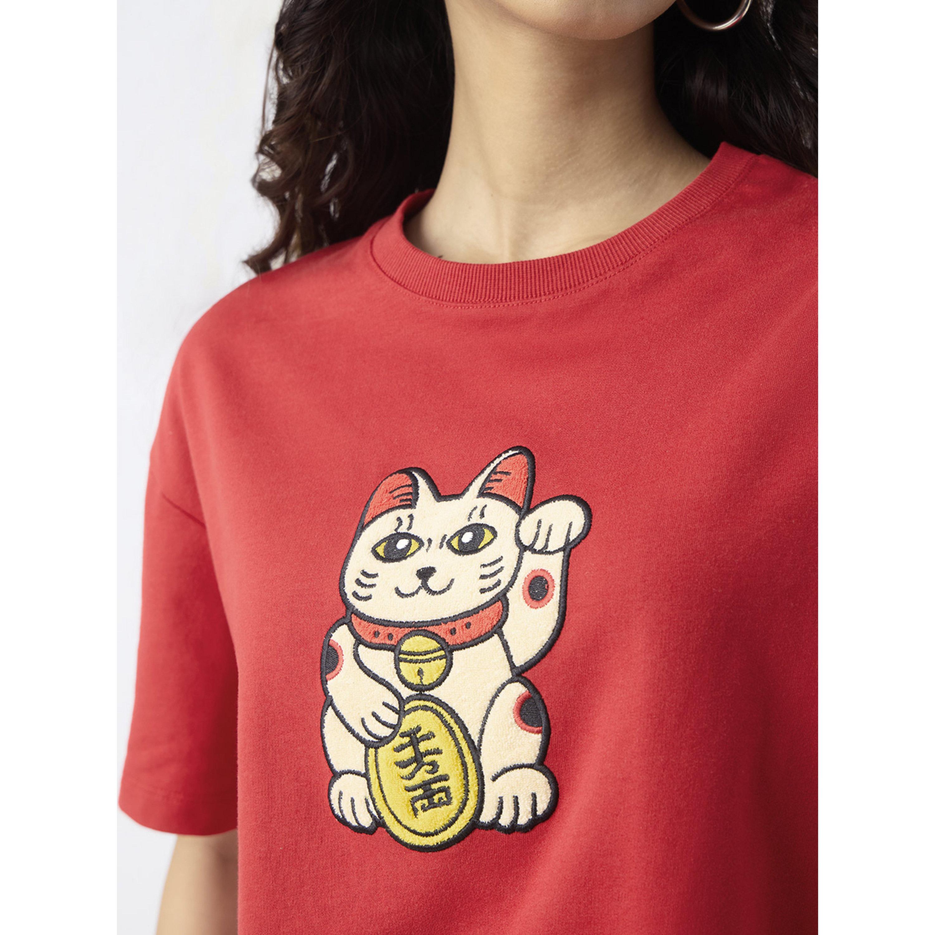 The Souled Store X Styli Red Lucky Cat Oversized T-Shirt-women-clothing-tshirts-image-6