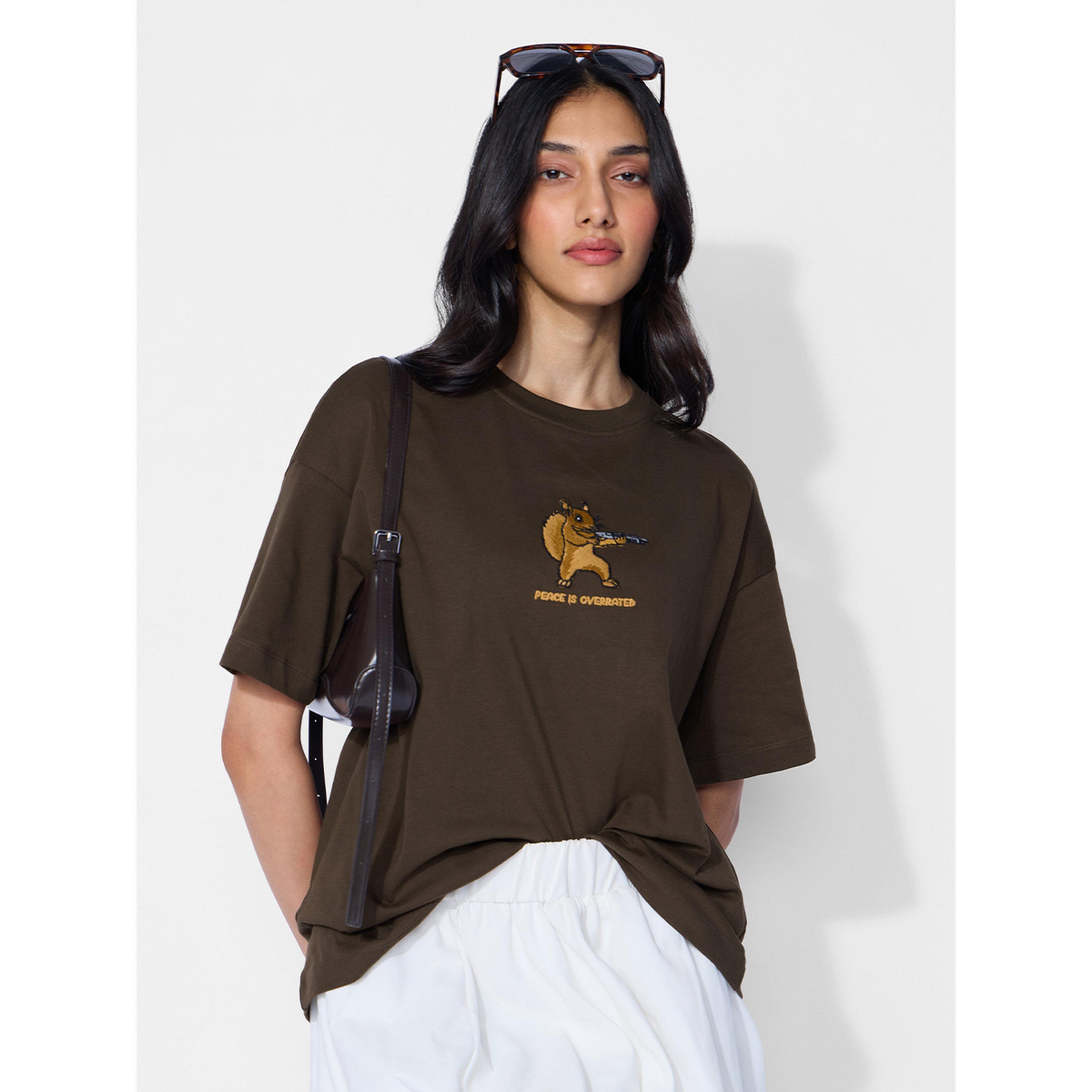 The Souled Store X Styli Brown Cotton Oversized T-Shirt-women-clothing-tshirts-image-1
