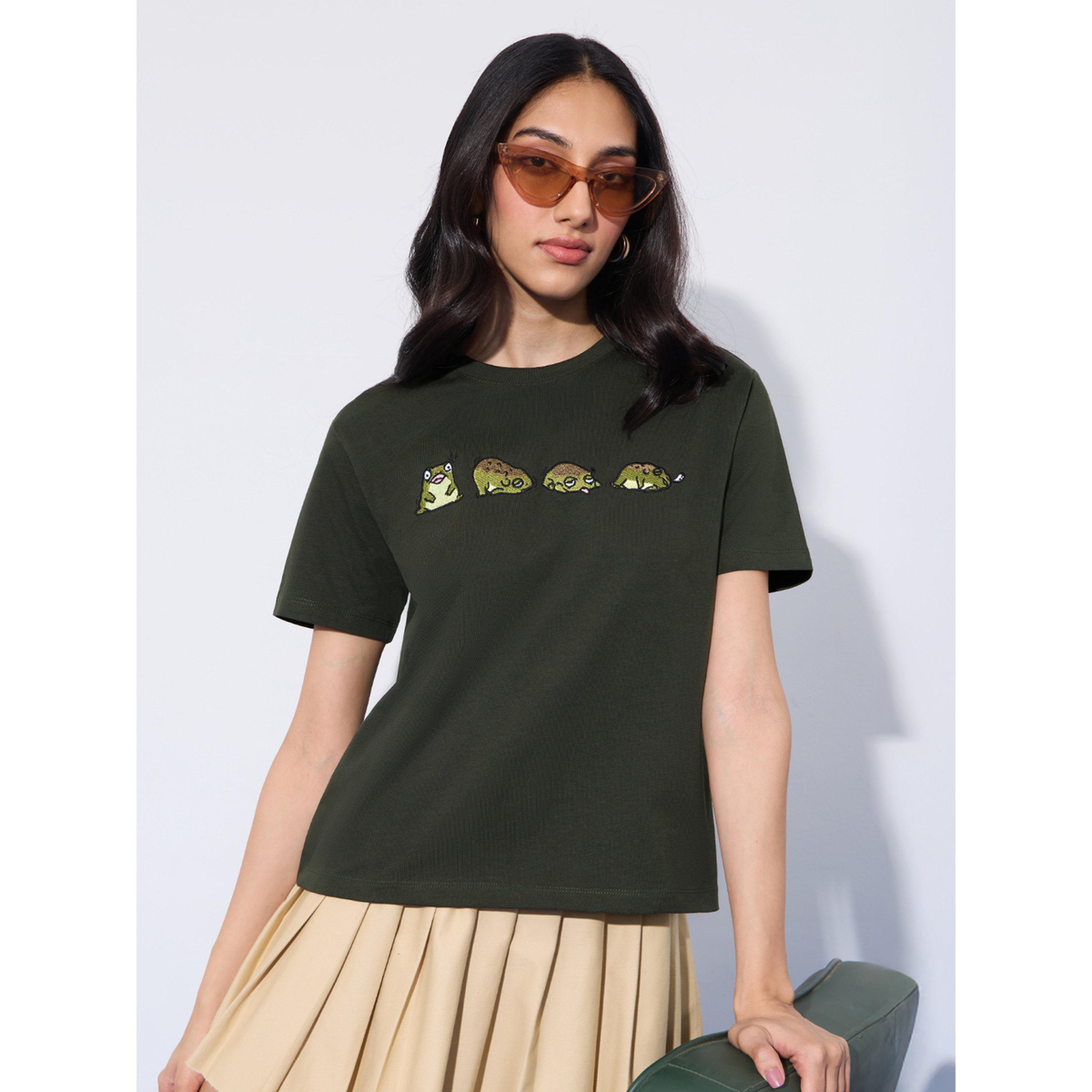 The Souled Store X Styli Olive Cotton Embroidered Boxy T-Shirt-women-clothing-tshirts-image-1