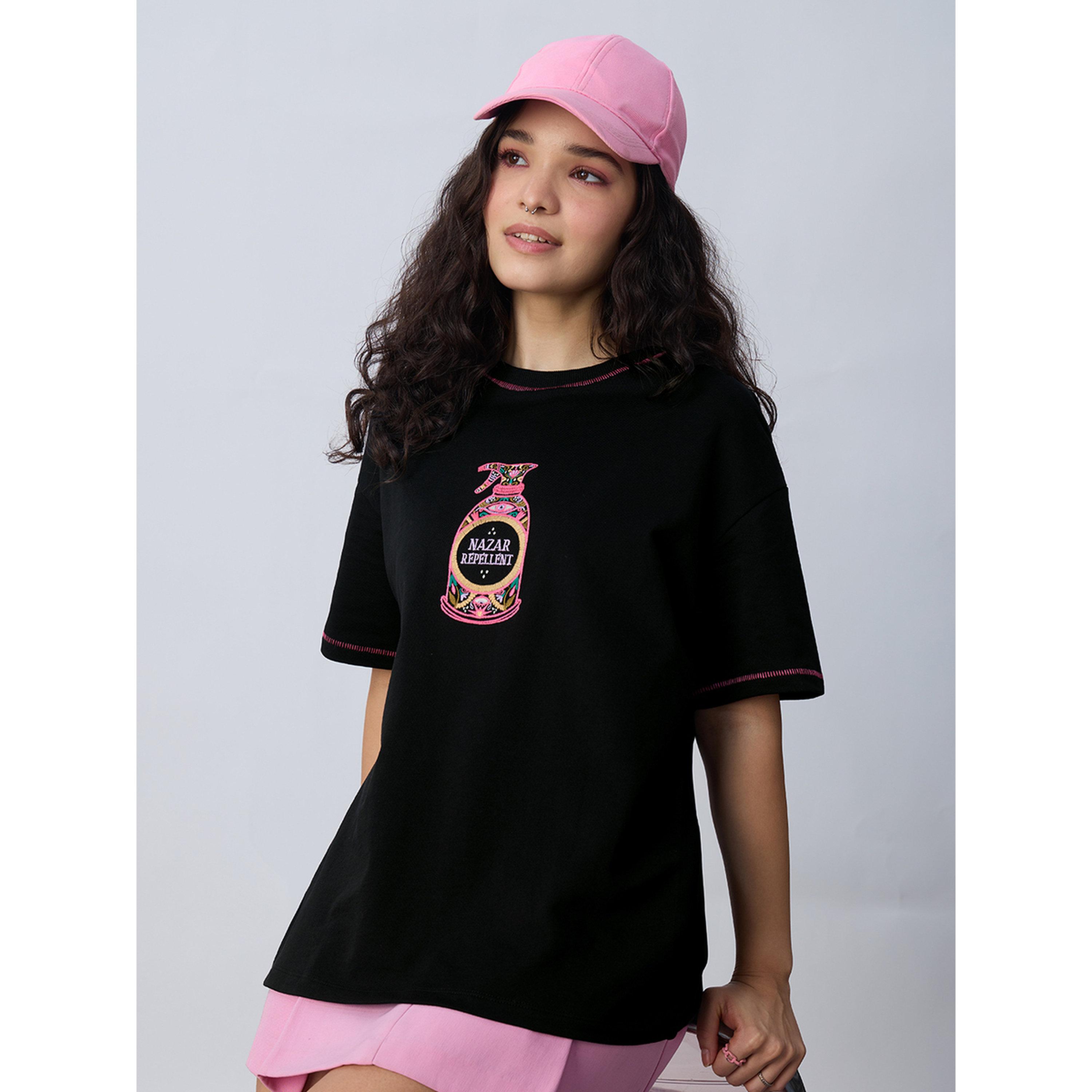 The Souled Store X Styli Black Cotton Embroidered Oversized T-Shirt-women-clothing-tshirts-image-1