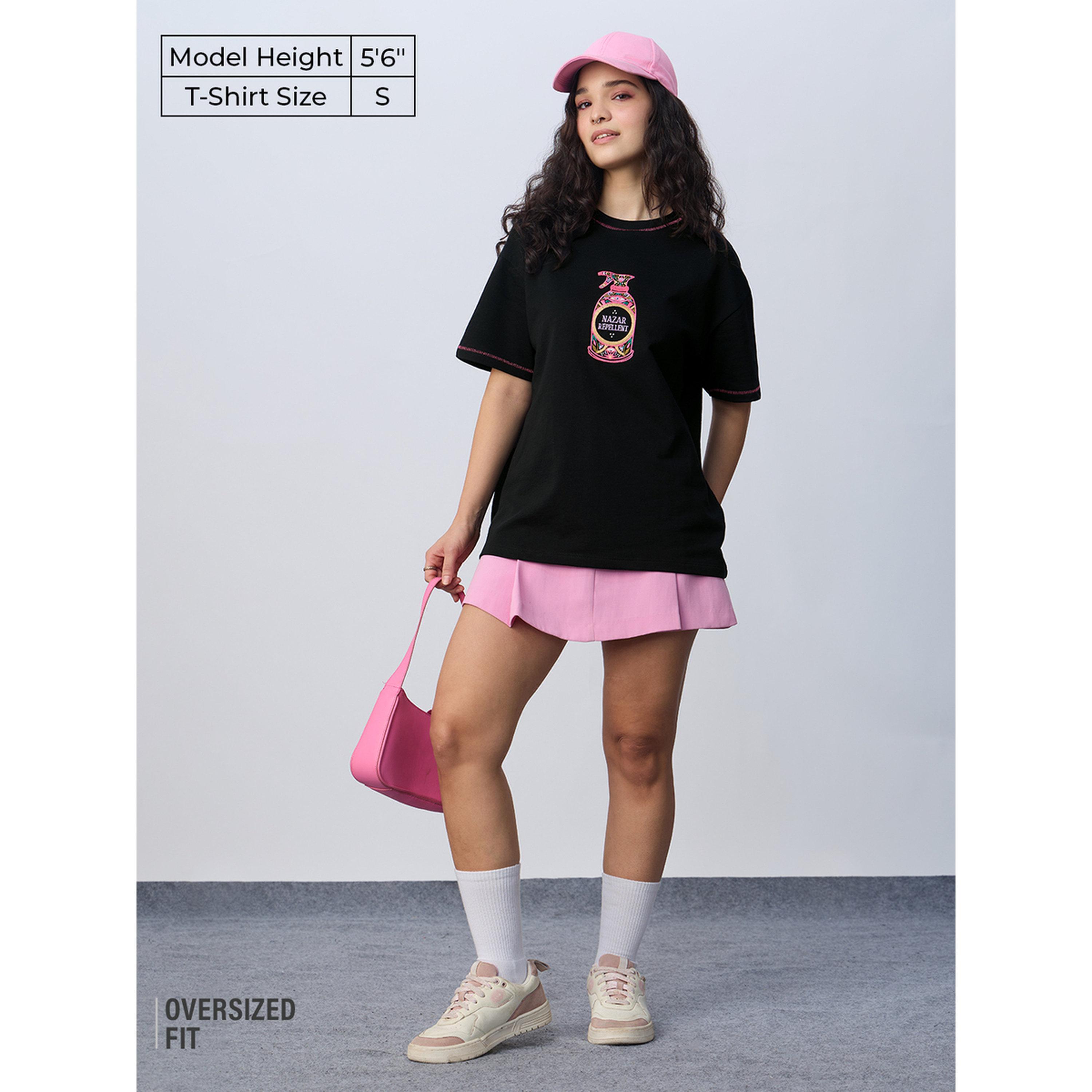 The Souled Store X Styli Black Cotton Embroidered Oversized T-Shirt-women-clothing-tshirts-image-2