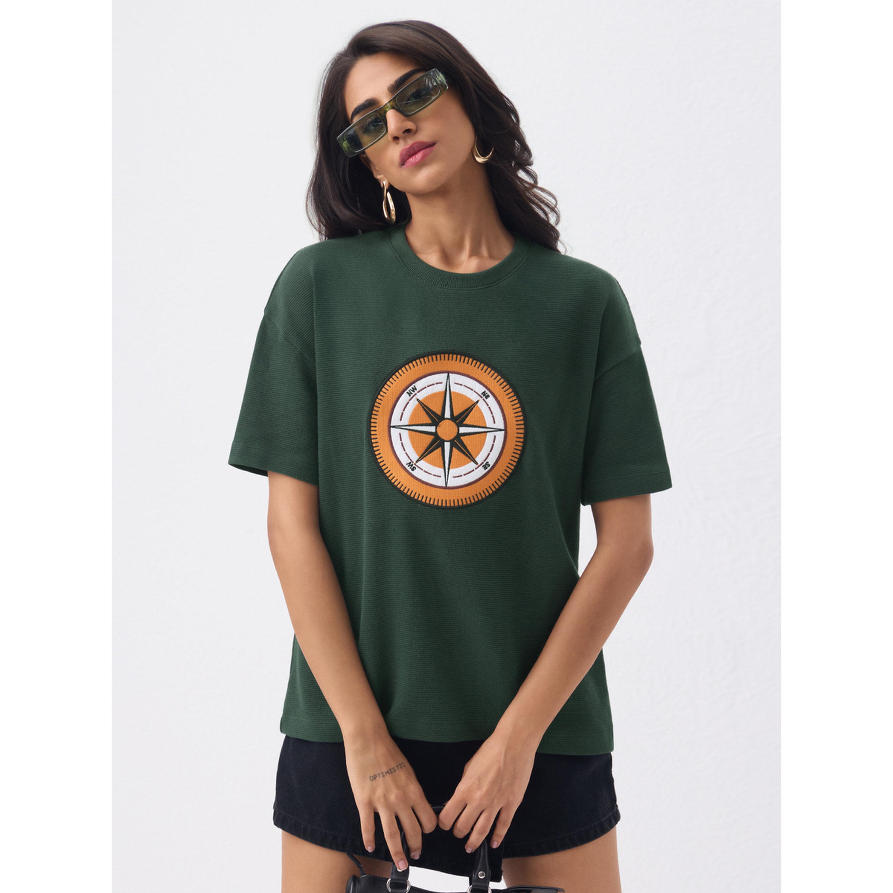 The Souled Store X Styli Dark Green Compass Oversized T-Shirt-women-clothing-tshirts-image-1