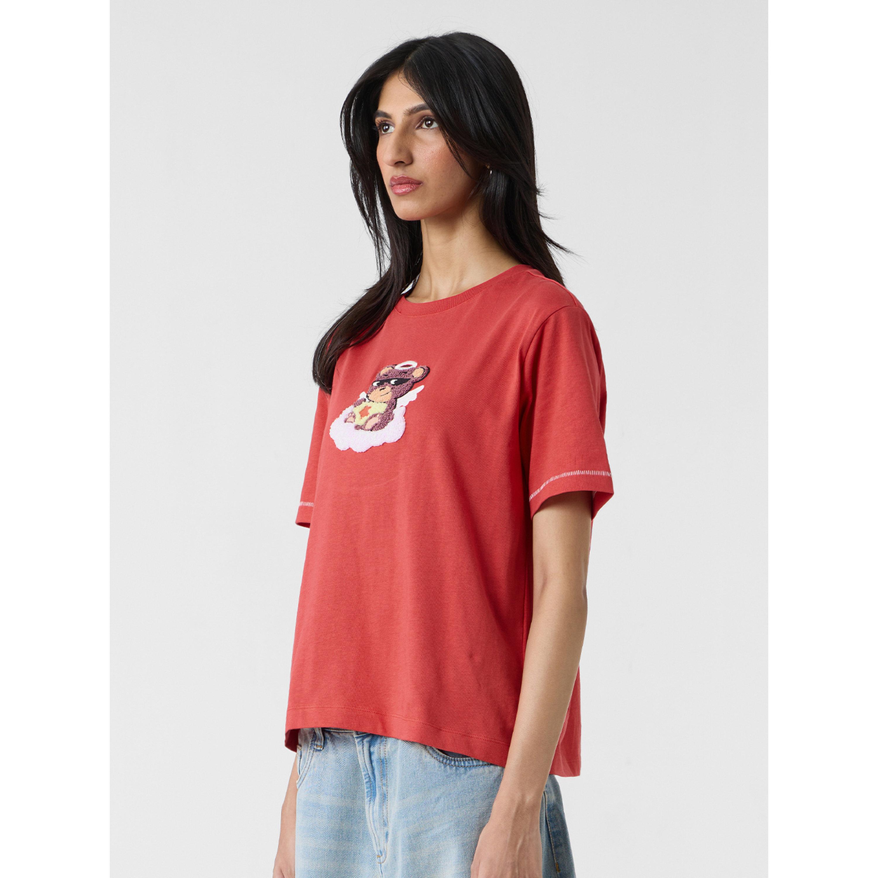 The Souled Store X Styli Red Teddy Embroidered Relaxed Fit T-Shirt-women-clothing-tshirts-image-1