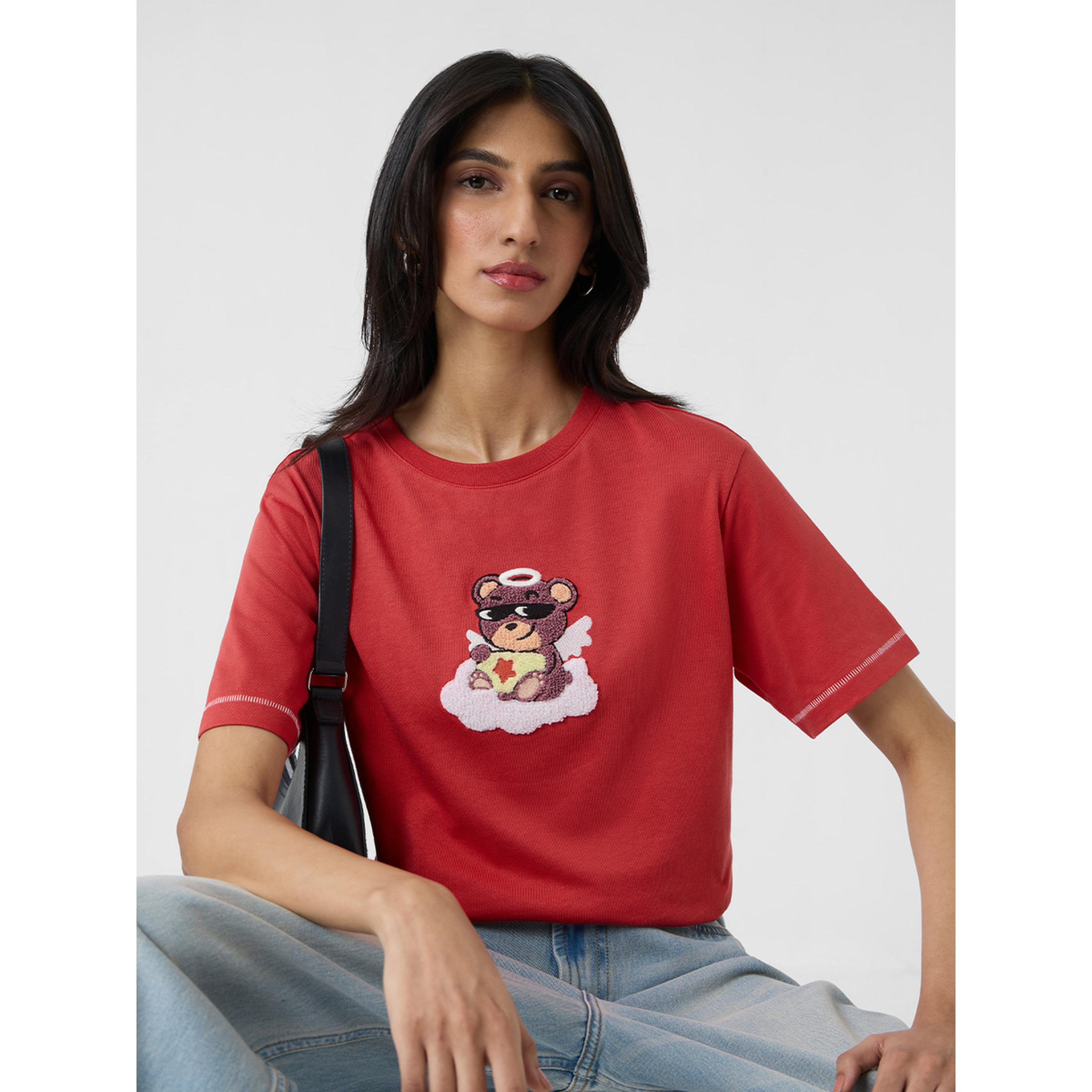 The Souled Store X Styli Red Teddy Embroidered Relaxed Fit T-Shirt-women-clothing-tshirts-image-3