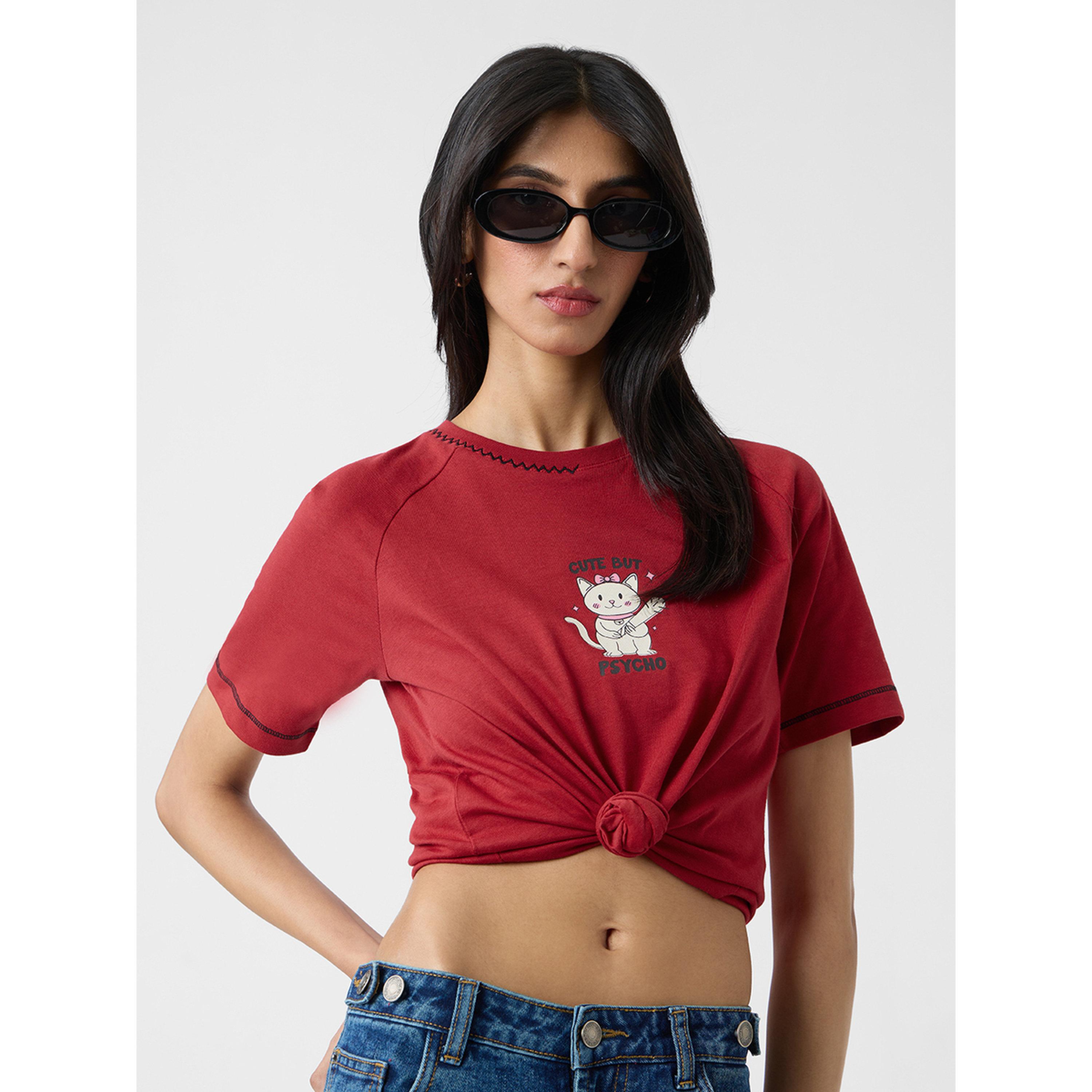 The Souled Store X Styli Red Cute Cat Relaxed Fit T-Shirt-women-clothing-tshirts-image-1