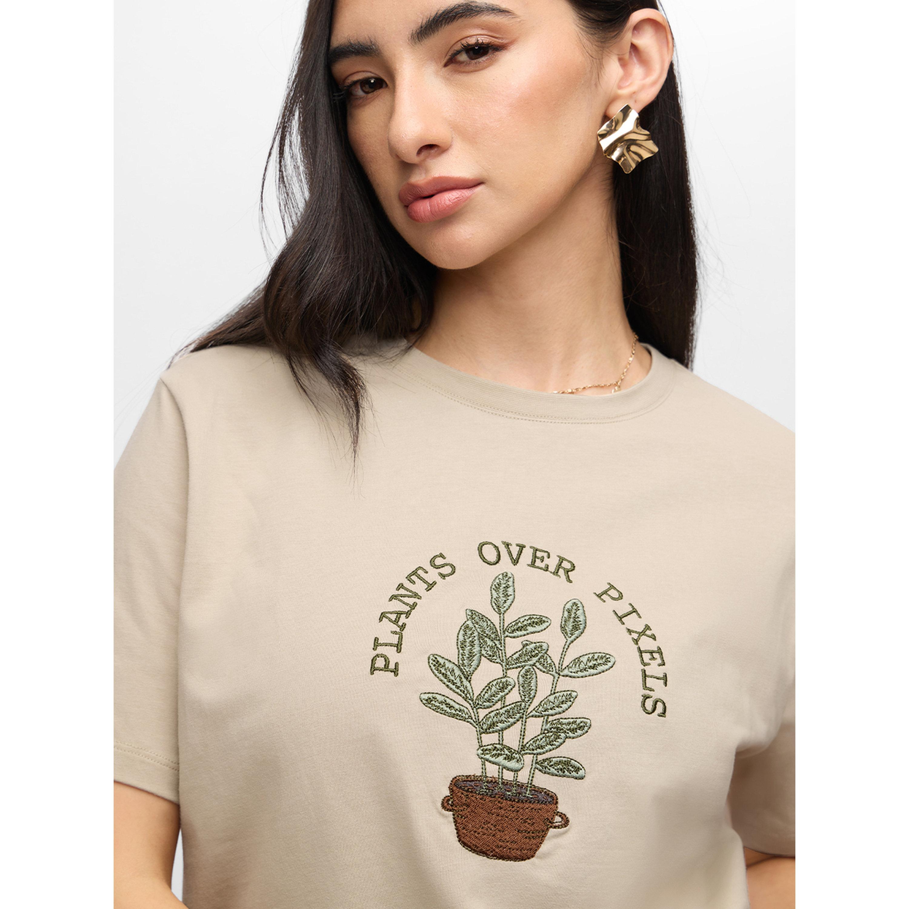 The Souled Store X Styli Beige Embroidered Relaxed Fit T-Shirt-women-clothing-tshirts-image-6