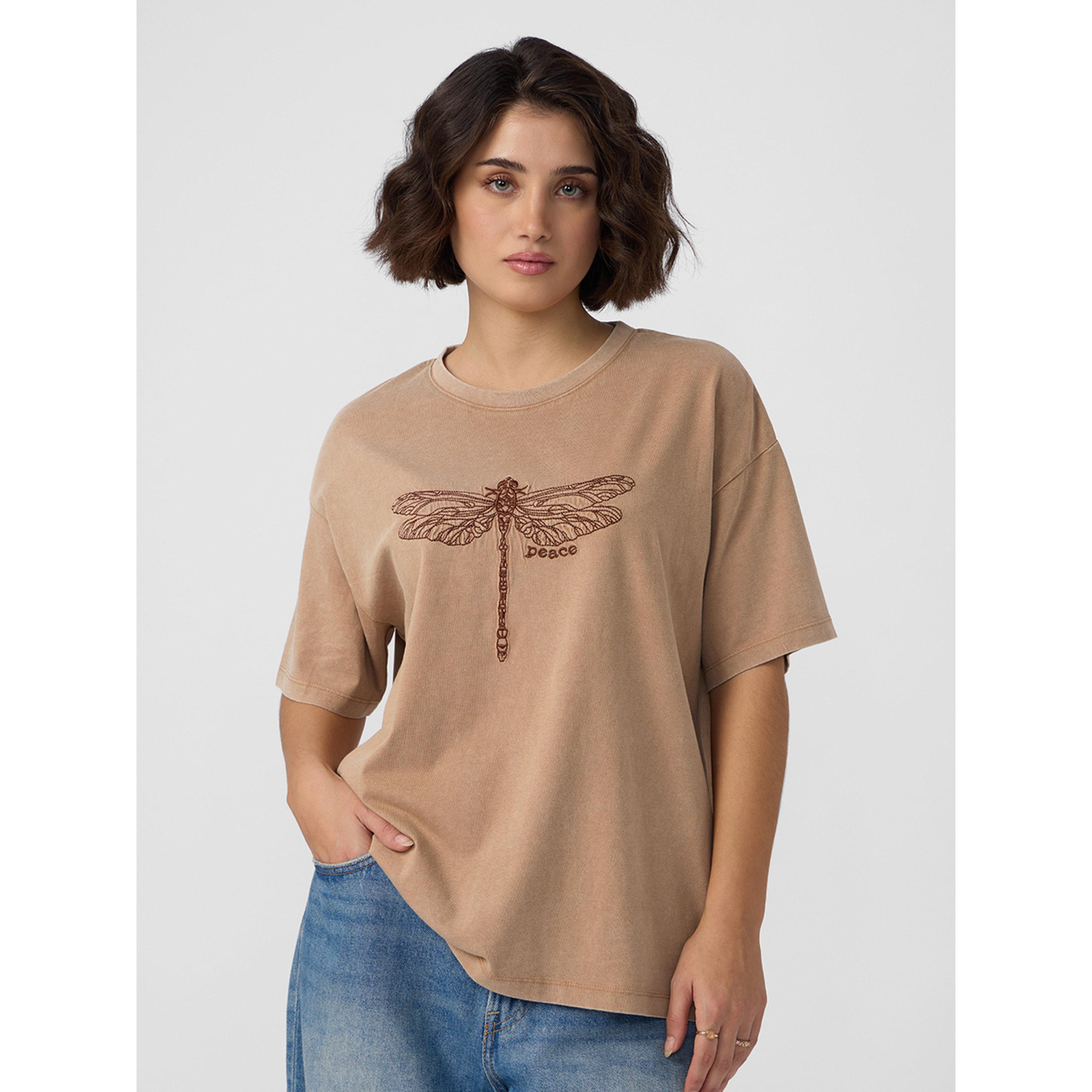 The Souled Store X Styli Brown Dragonfly Peace Oversized T-Shirt-women-clothing-tshirts-image-1