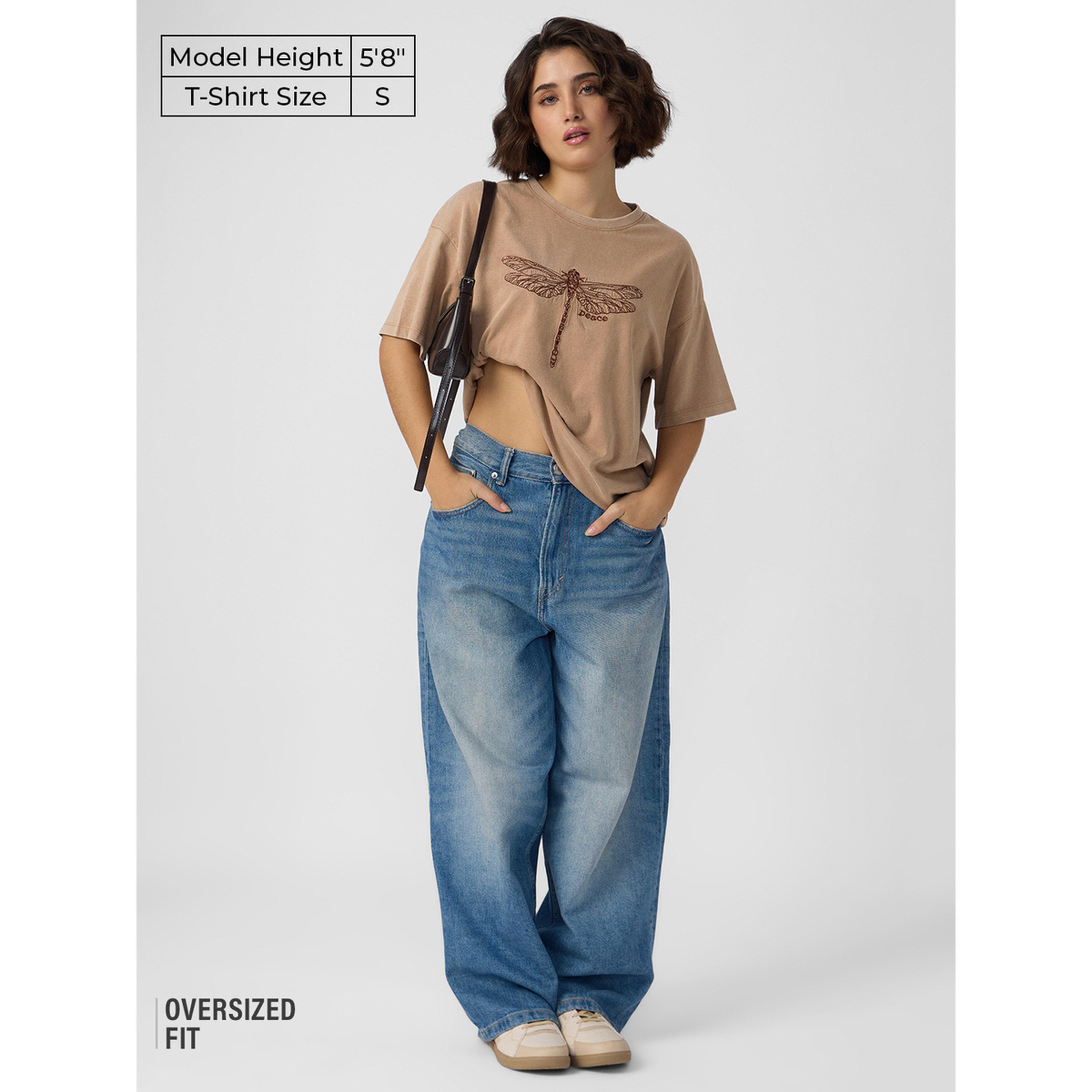 The Souled Store X Styli Brown Dragonfly Peace Oversized T-Shirt-women-clothing-tshirts-image-2