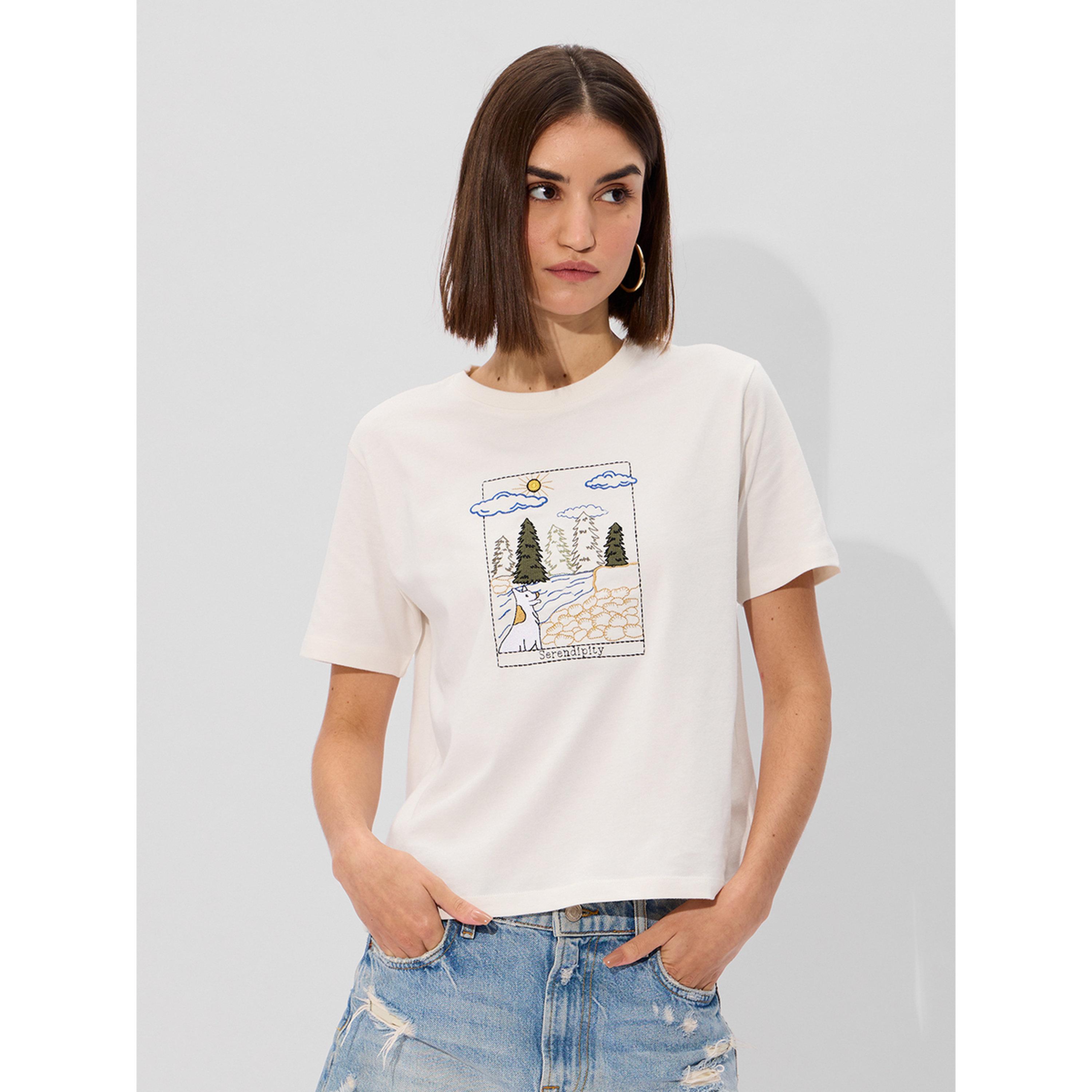 The Souled Store X Styli White Embroidered Relaxed Fit T-Shirt-women-clothing-tshirts-image-1