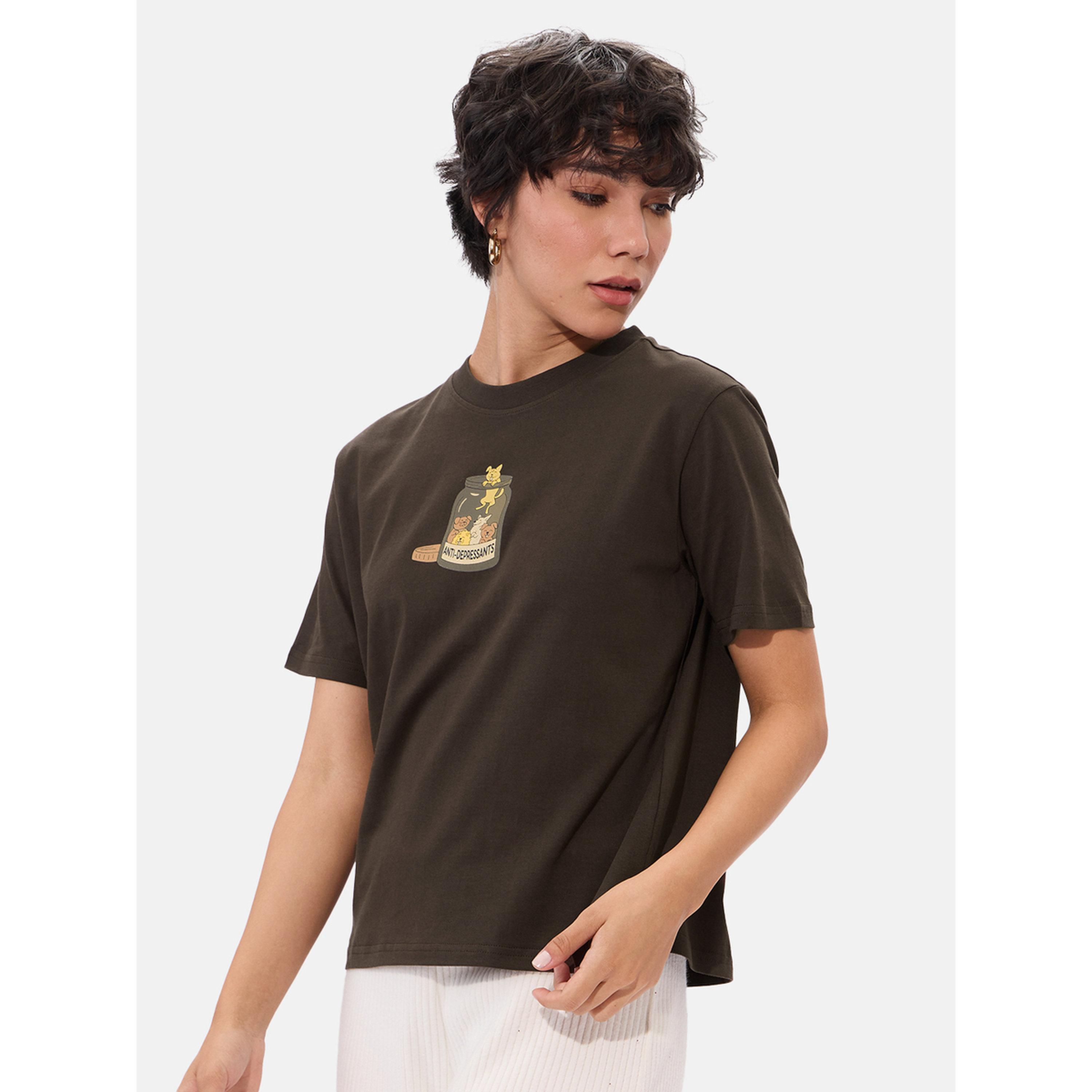 The Souled Store X Styli Brown Graphic Print Relaxed Fit T-Shirt-women-clothing-tshirts-image-3