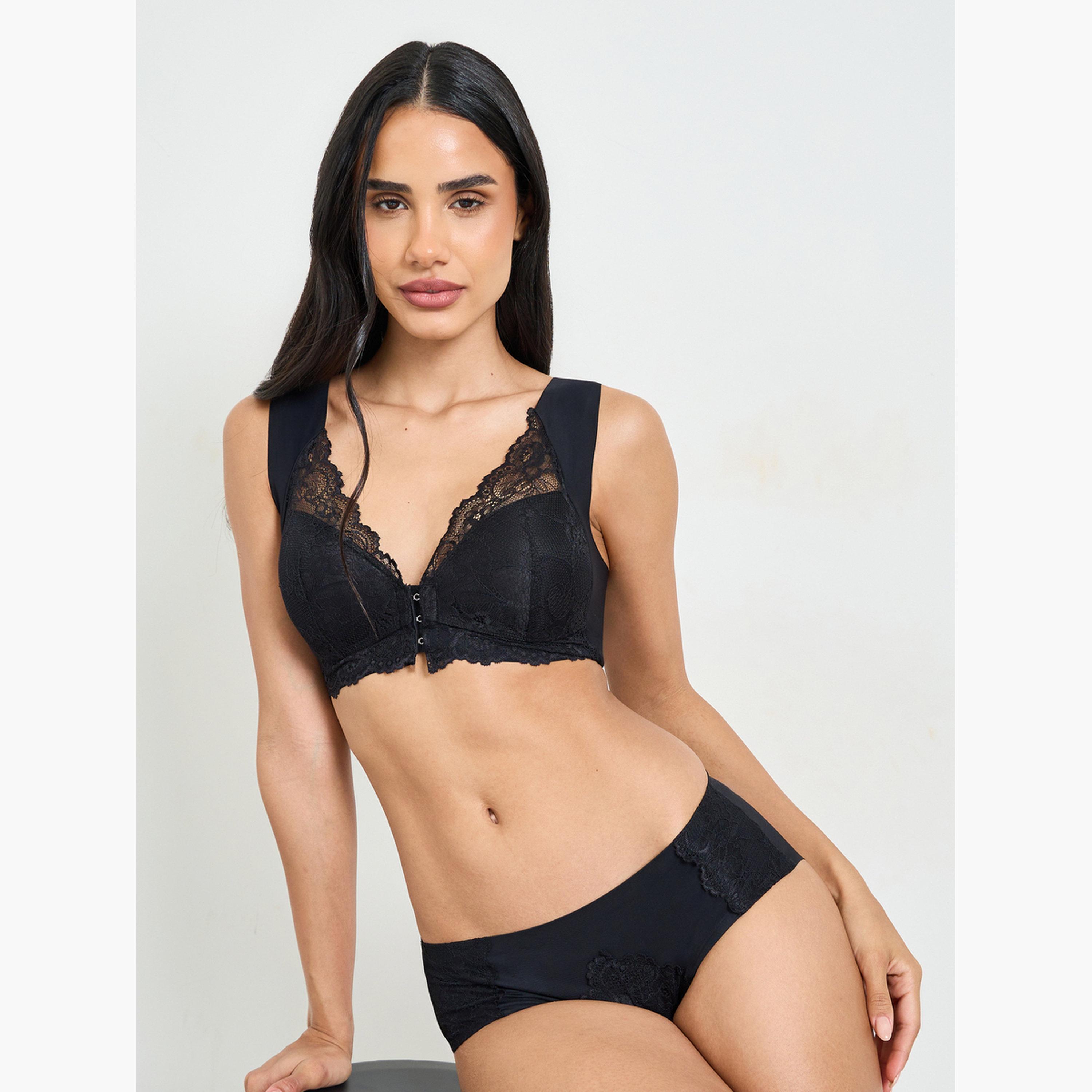 Take Two Black Lace Insert Padded Non Wired Bra and Midi Brief Set-women-clothing-lingerie-lingeriesets-image-1