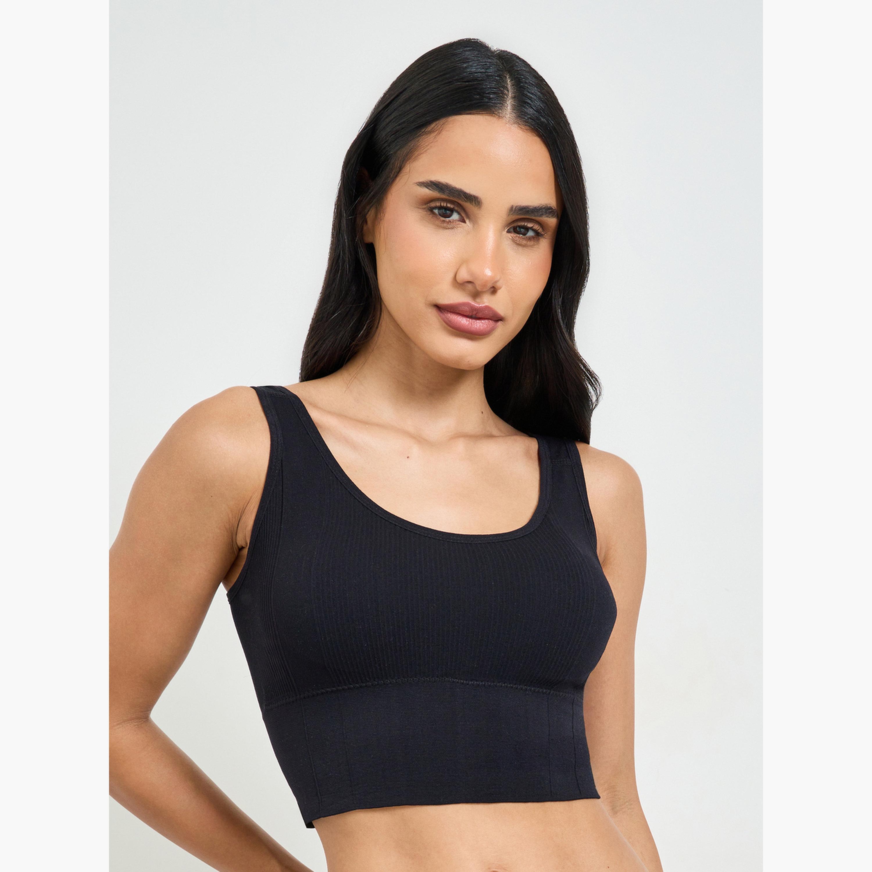 بلوزة قصيرة طويلة سادة بتفاصيل بارزة الملمس ومبطنة بدون أسلاك-women-clothing-lingerie-bras-image-1