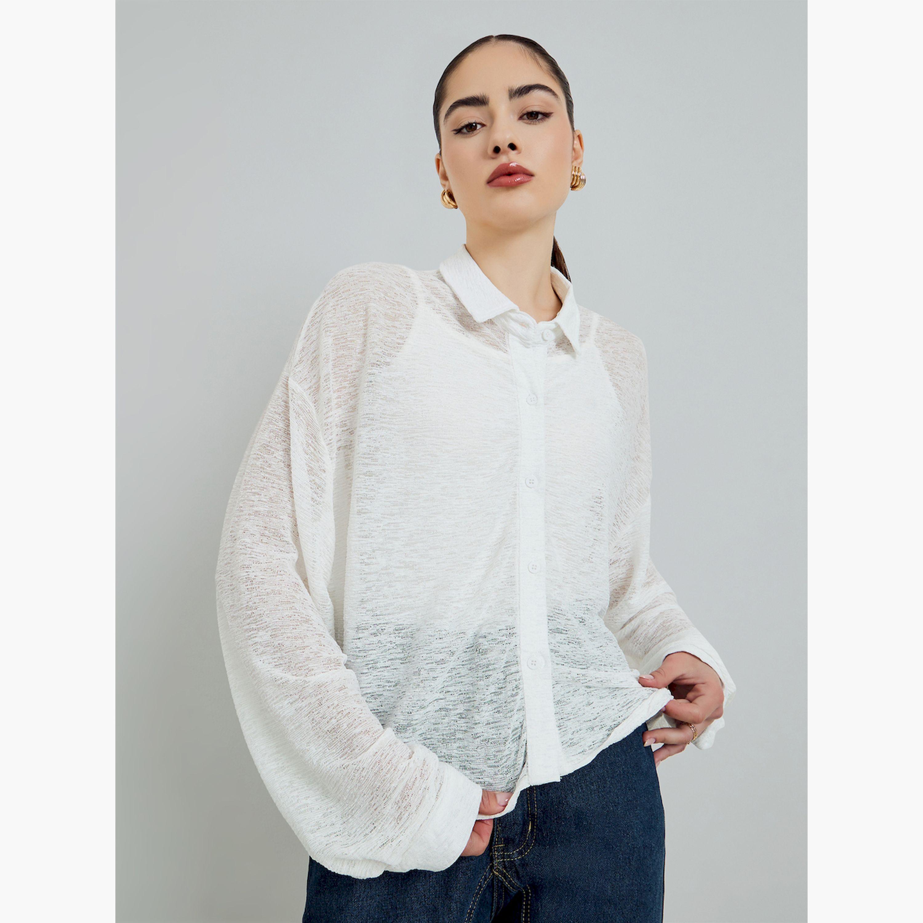Styli White Long Sleeve Buttoned Knit Top-women-clothing-shirtsandblouses-shirts-image-1