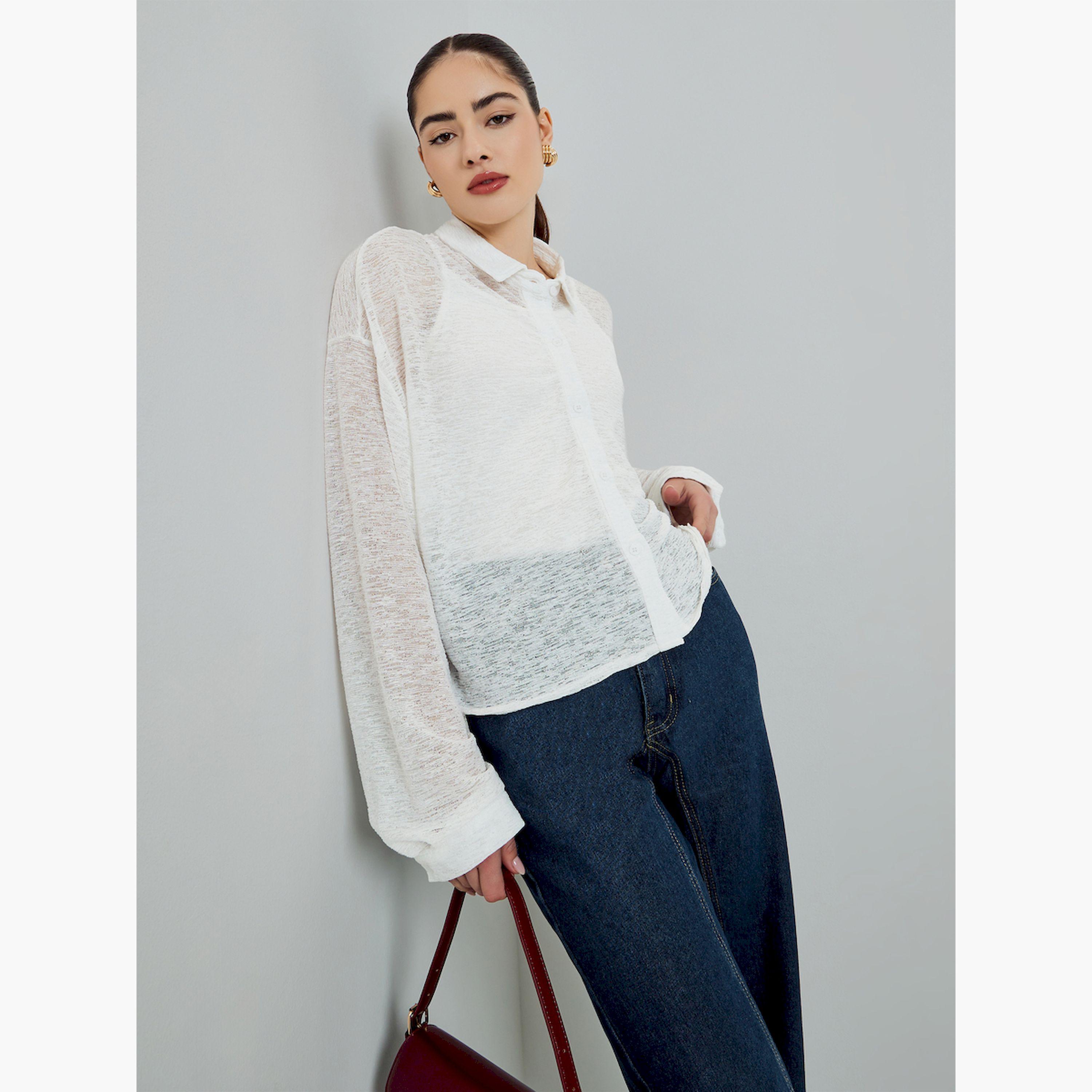 Styli White Long Sleeve Buttoned Knit Top-women-clothing-shirtsandblouses-shirts-image-3