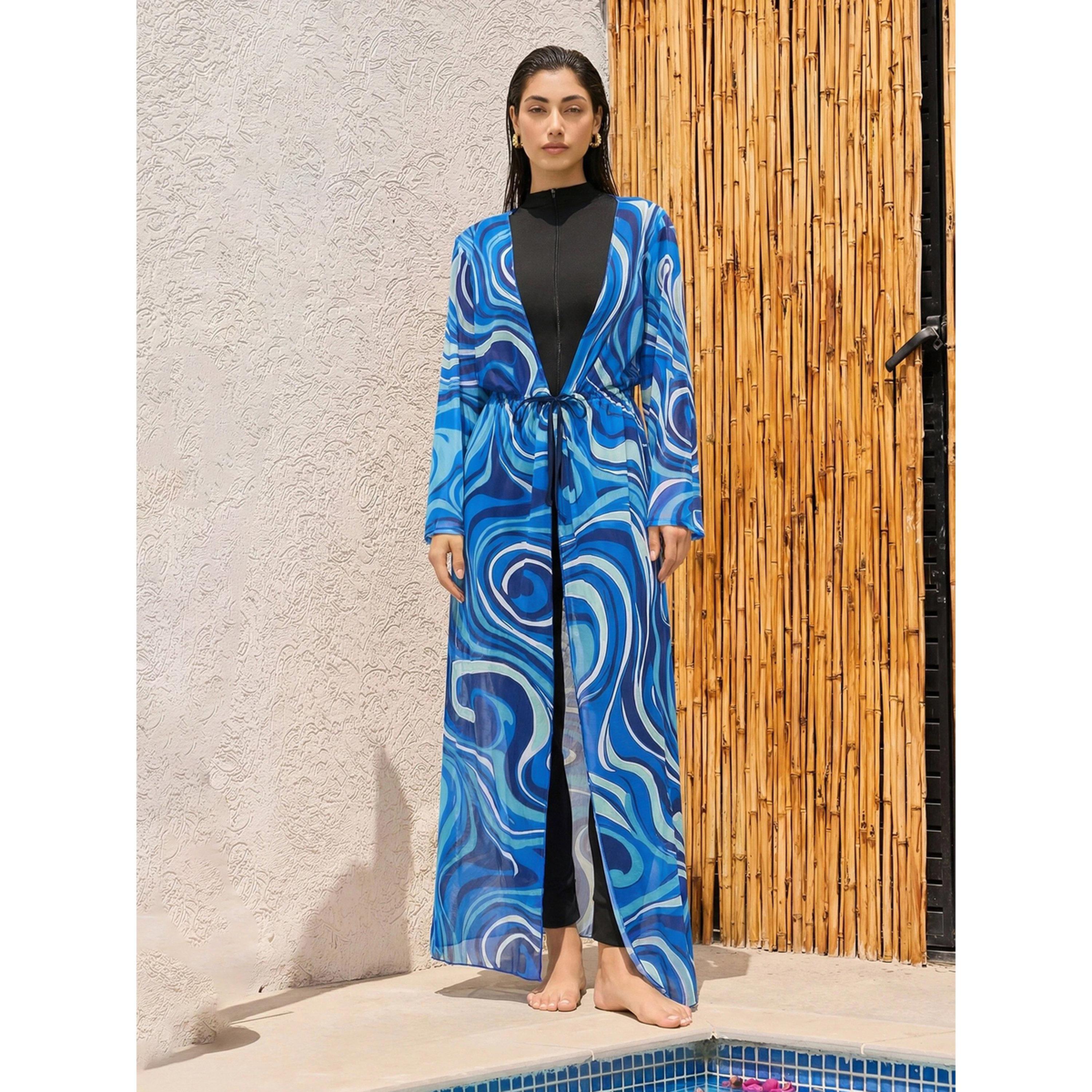 Styli Pack of 3 - Full Sleeve Burkini with Attached Skirt and Woven Marble Print Front Open Maxi Coverup-women-clothing-swimandbeach-swim-burkinis-image-2