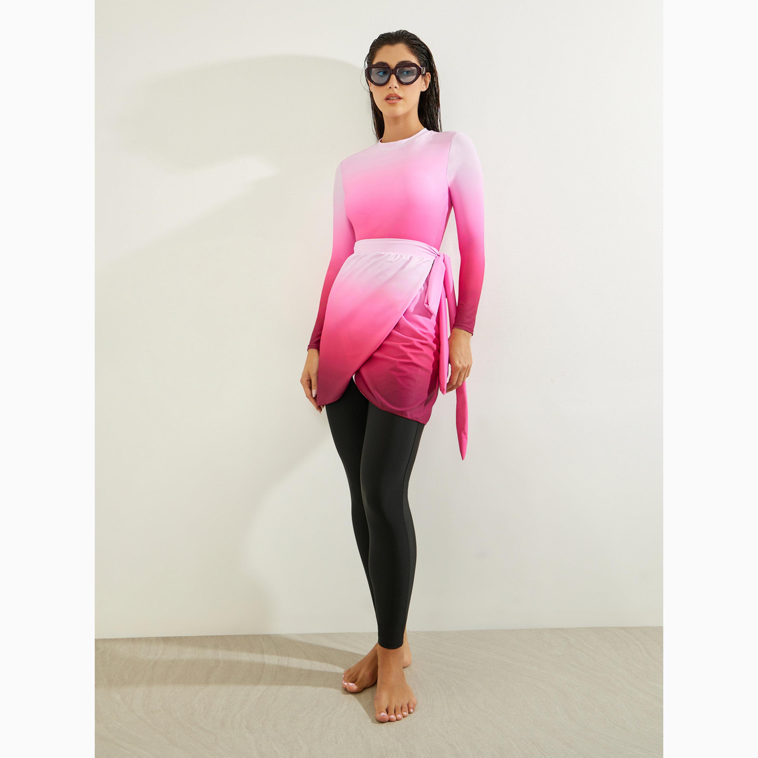 مجموعة بوركيني من 3 قطع تيشيرت سباحة بسحاب خلفي وليقنز مع تنورة ملفوفة-women-clothing-swimandbeach-swim-burkinis-image-1