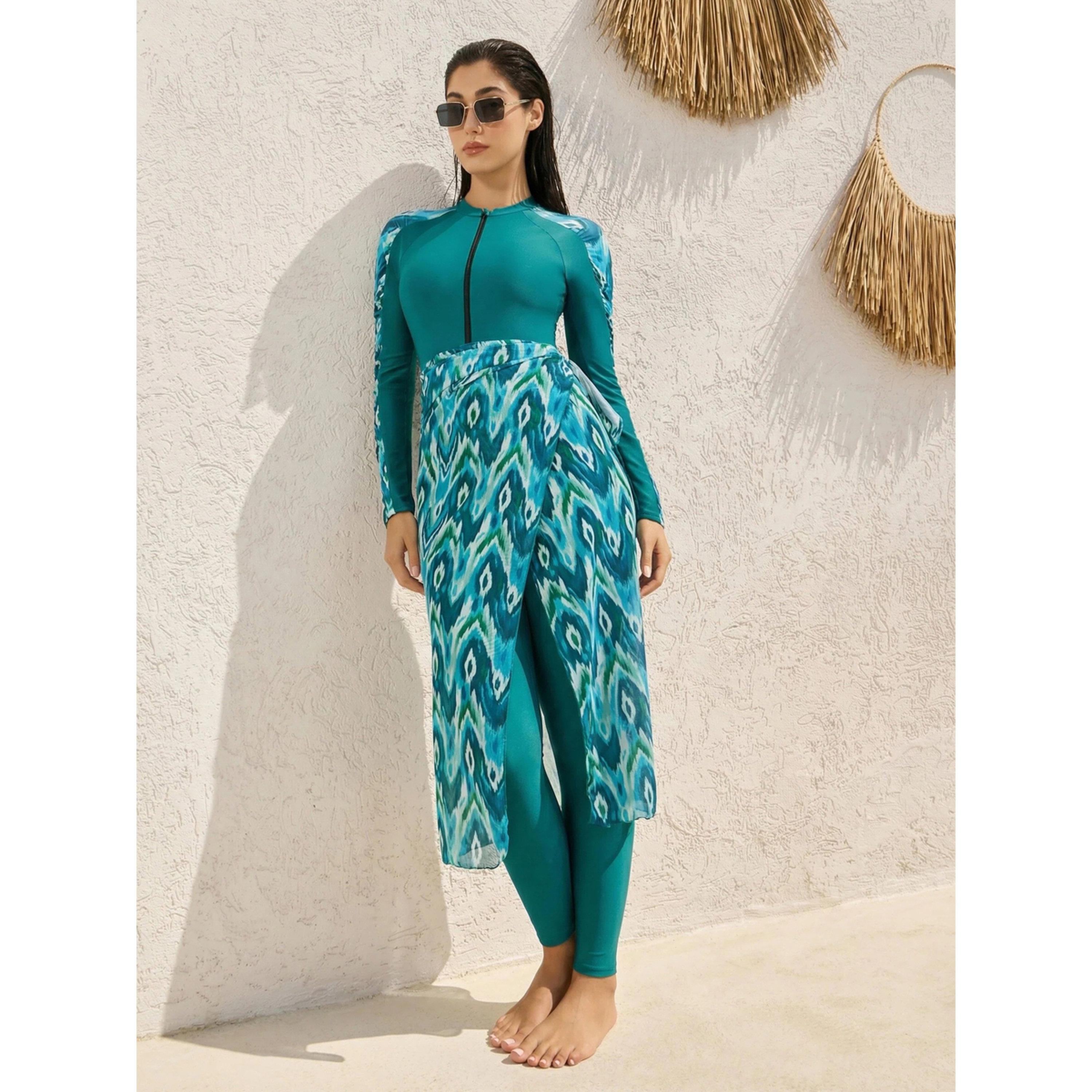 Styli Pack of 3 - Geo Print Half-Zip Swimsuit, Leggings and Printed Wrap Skirt Burkini Set-women-clothing-swimandbeach-swim-burkinis-image-2