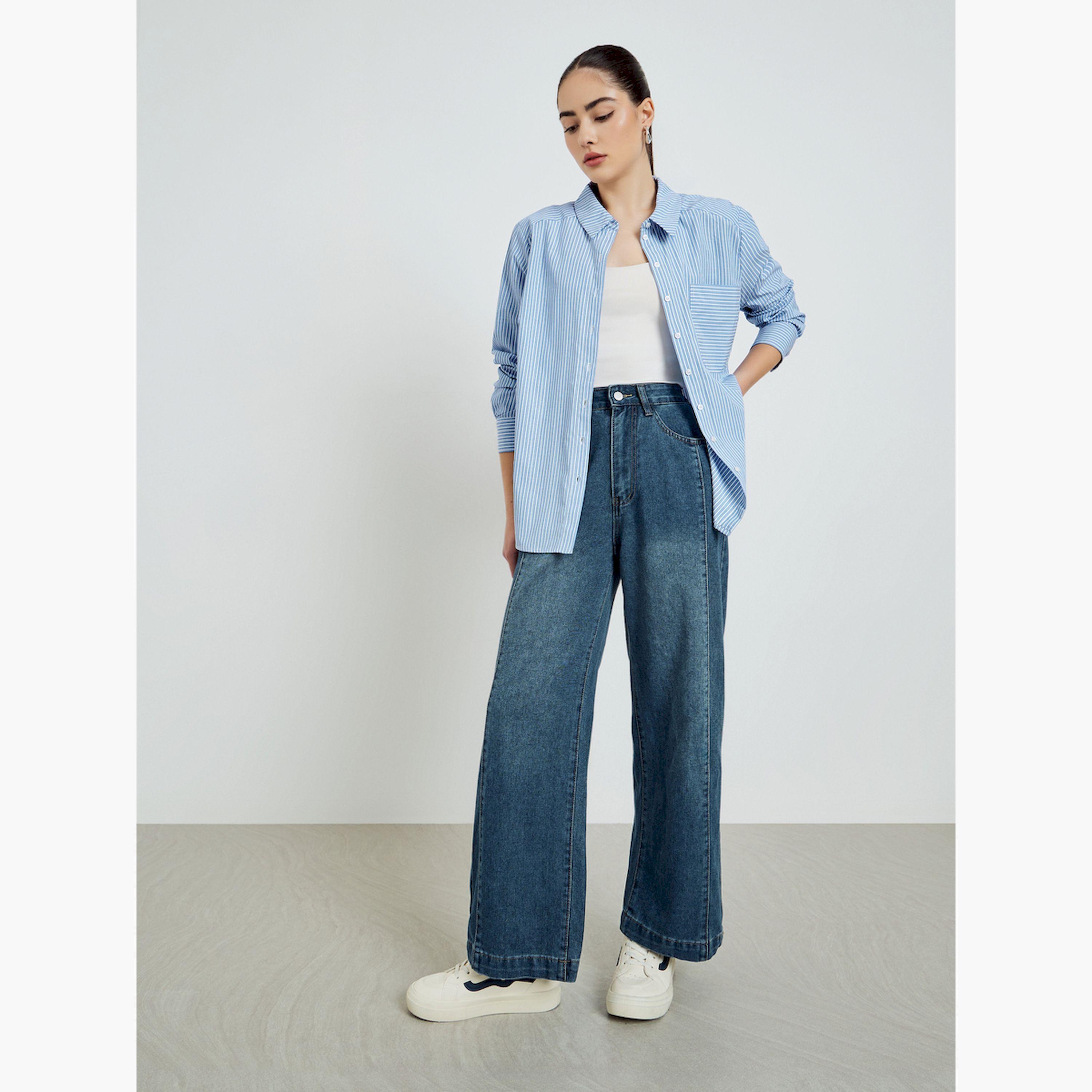 Styli Blue Striped Long Sleeve Shirt-women-clothing-shirtsandblouses-shirts-image-2