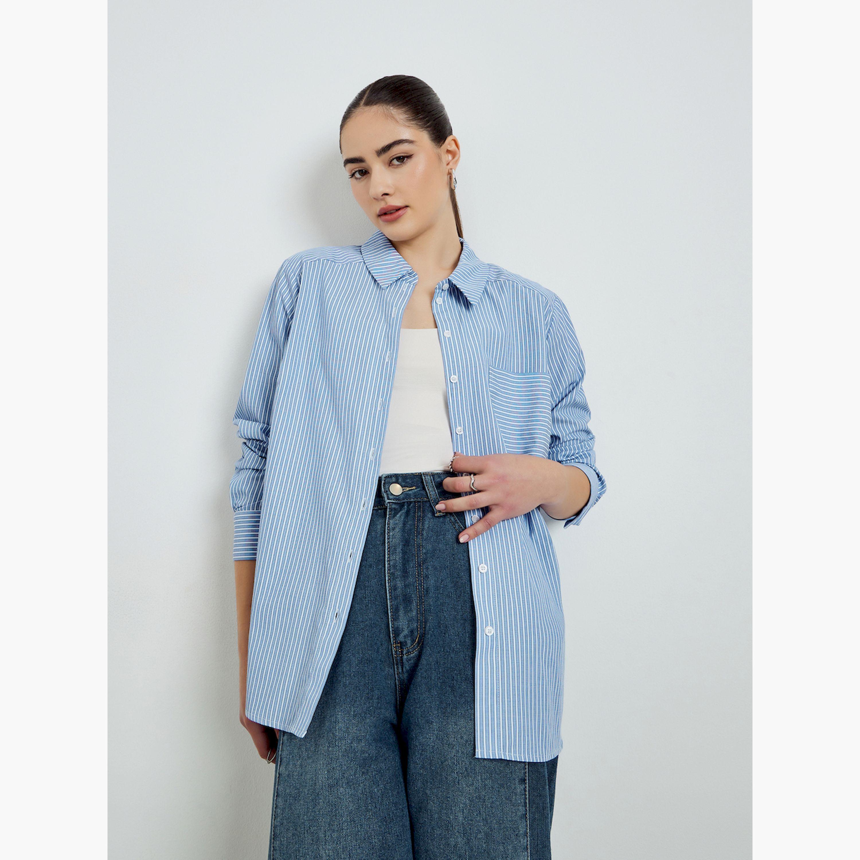 Styli Blue Striped Long Sleeve Shirt-women-clothing-shirtsandblouses-shirts-image-3