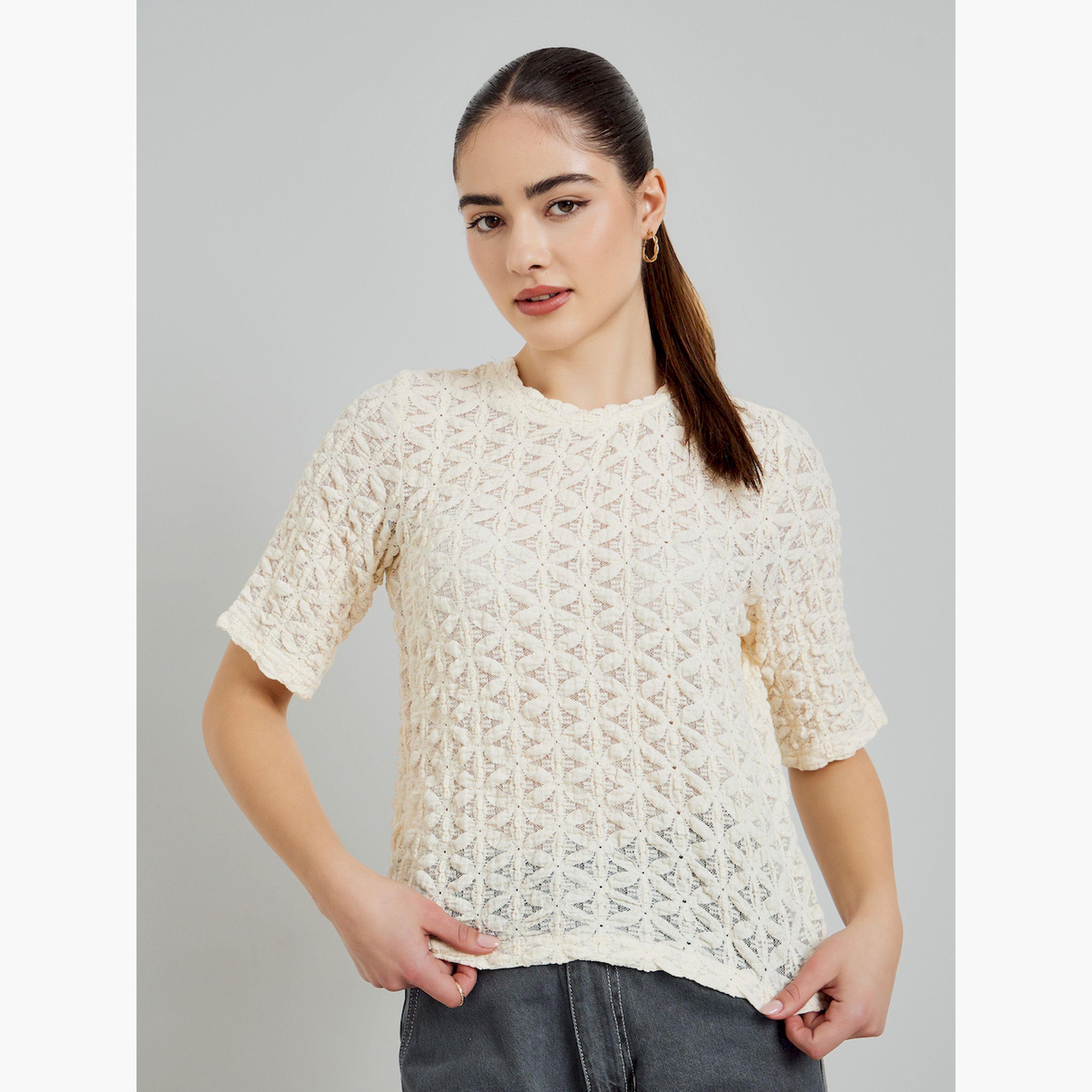 Styli Beige Textured Short Sleeve Knit Top-women-clothing-shirtsandblouses-blouses-image-1