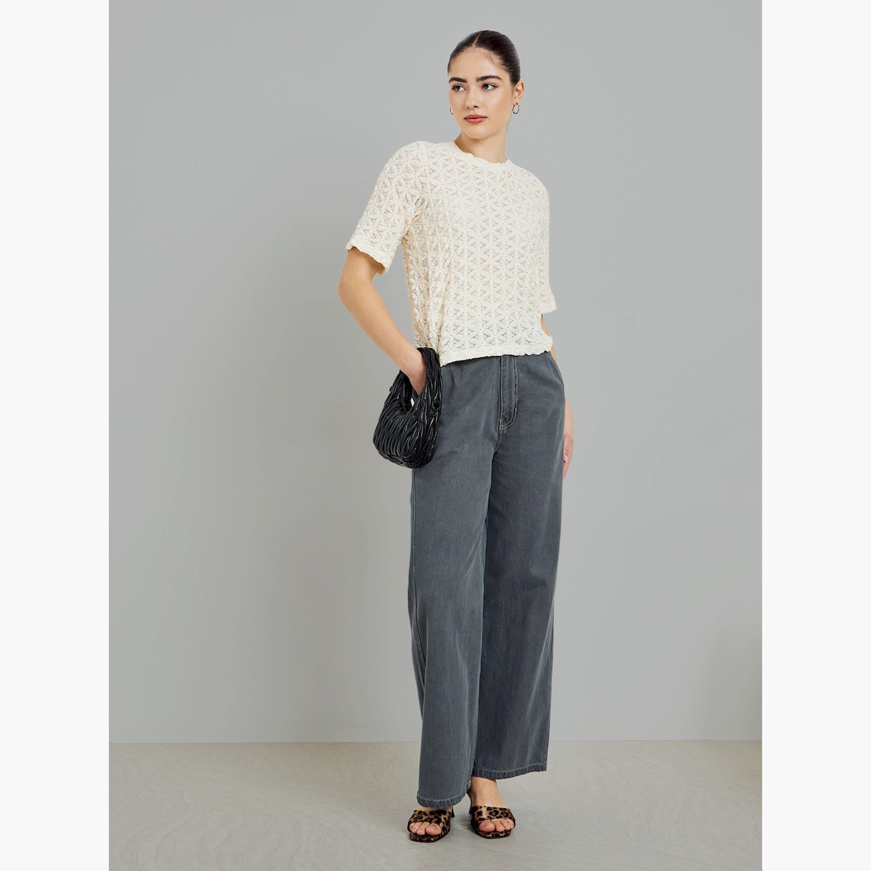 Styli Beige Textured Short Sleeve Knit Top-women-clothing-shirtsandblouses-blouses-image-2