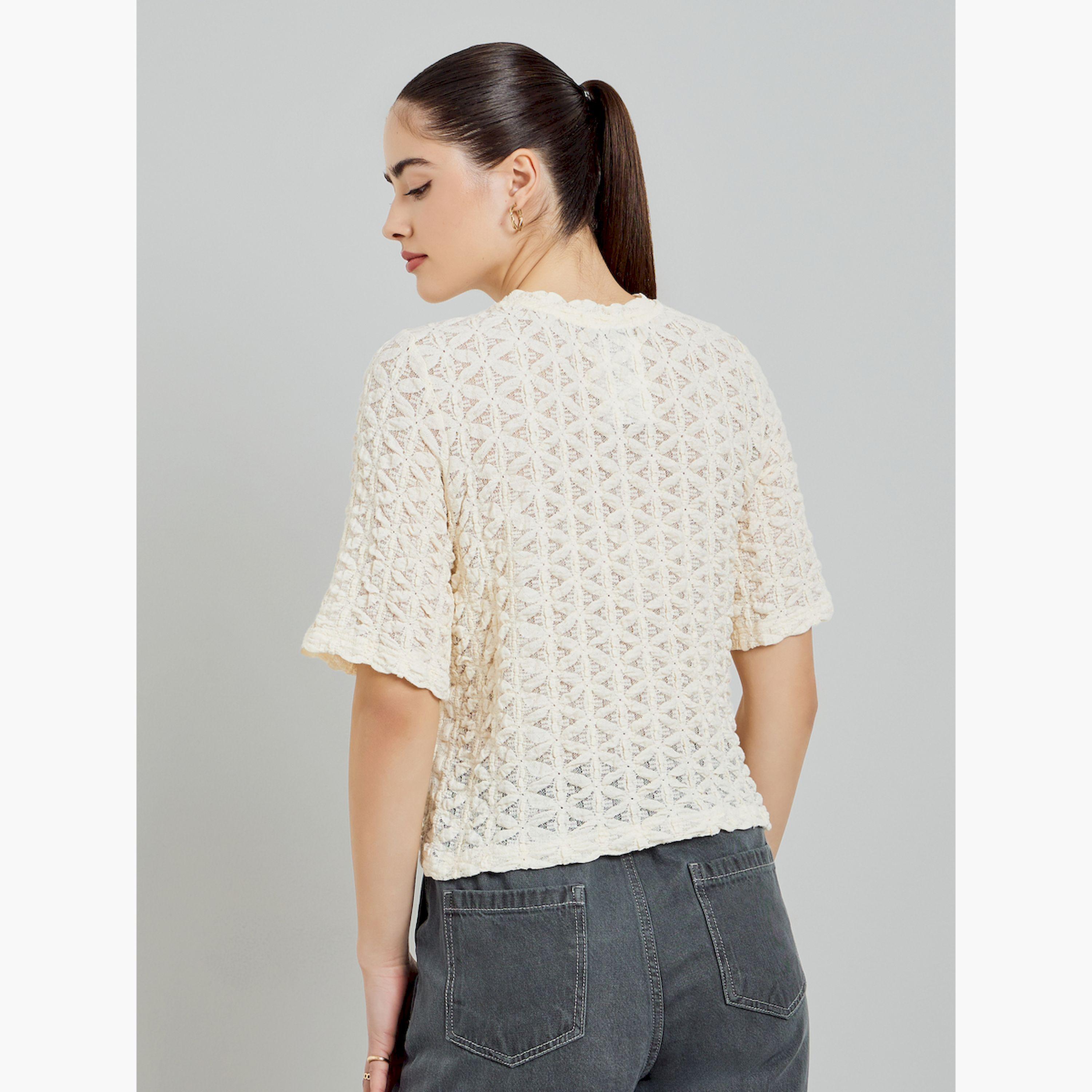 Styli Beige Textured Short Sleeve Knit Top-women-clothing-shirtsandblouses-blouses-image-4