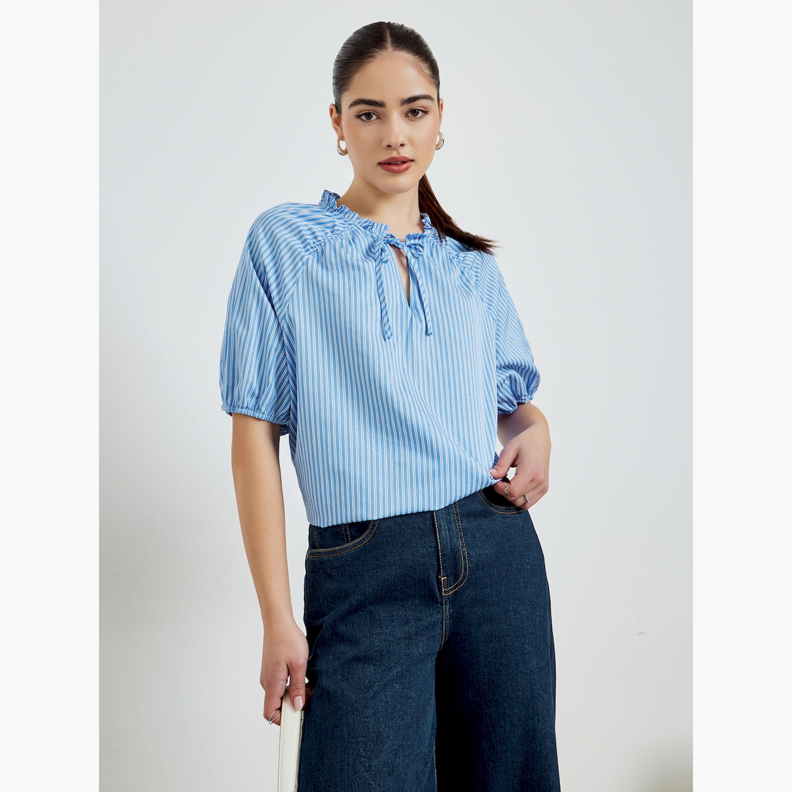 Styli Blue Striped Short Sleeve Blouse-women-clothing-shirtsandblouses-blouses-image-1