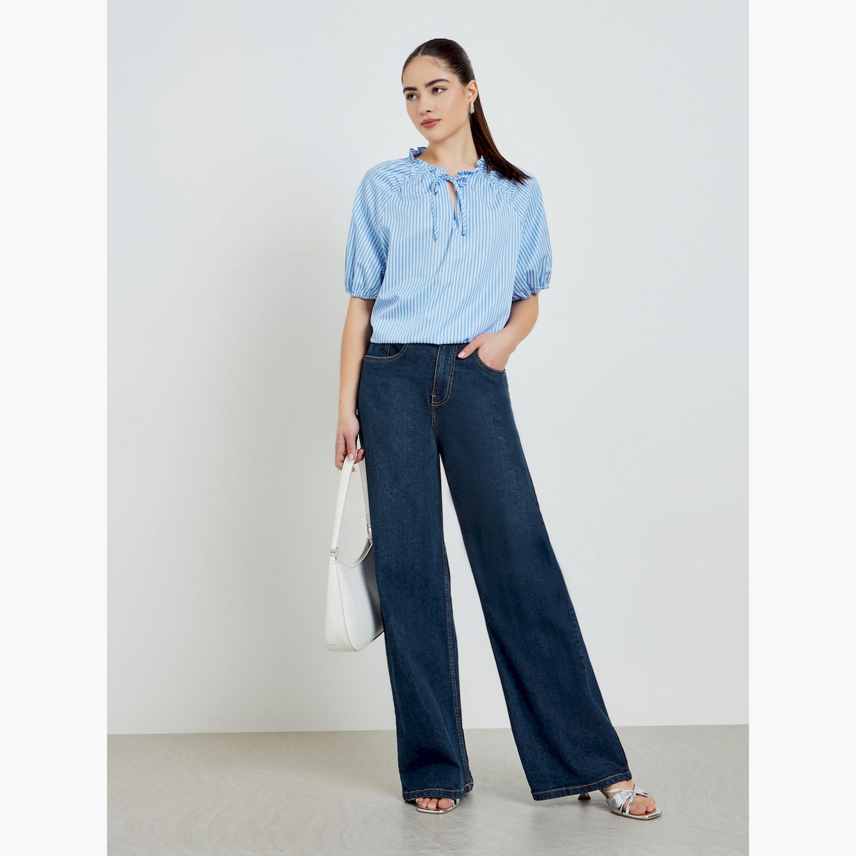 Styli Blue Striped Short Sleeve Blouse-women-clothing-shirtsandblouses-blouses-image-2
