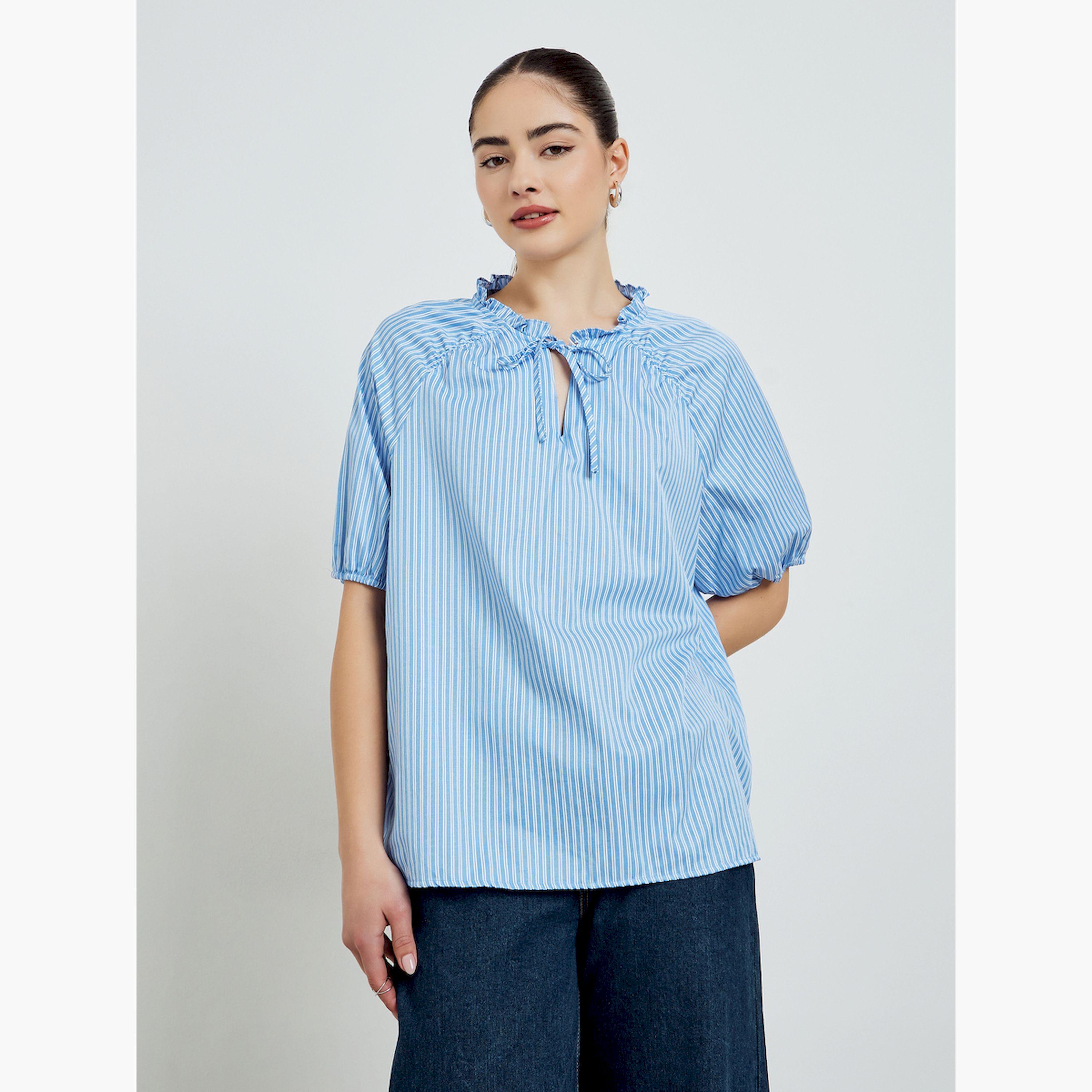 Styli Blue Striped Short Sleeve Blouse-women-clothing-shirtsandblouses-blouses-image-3