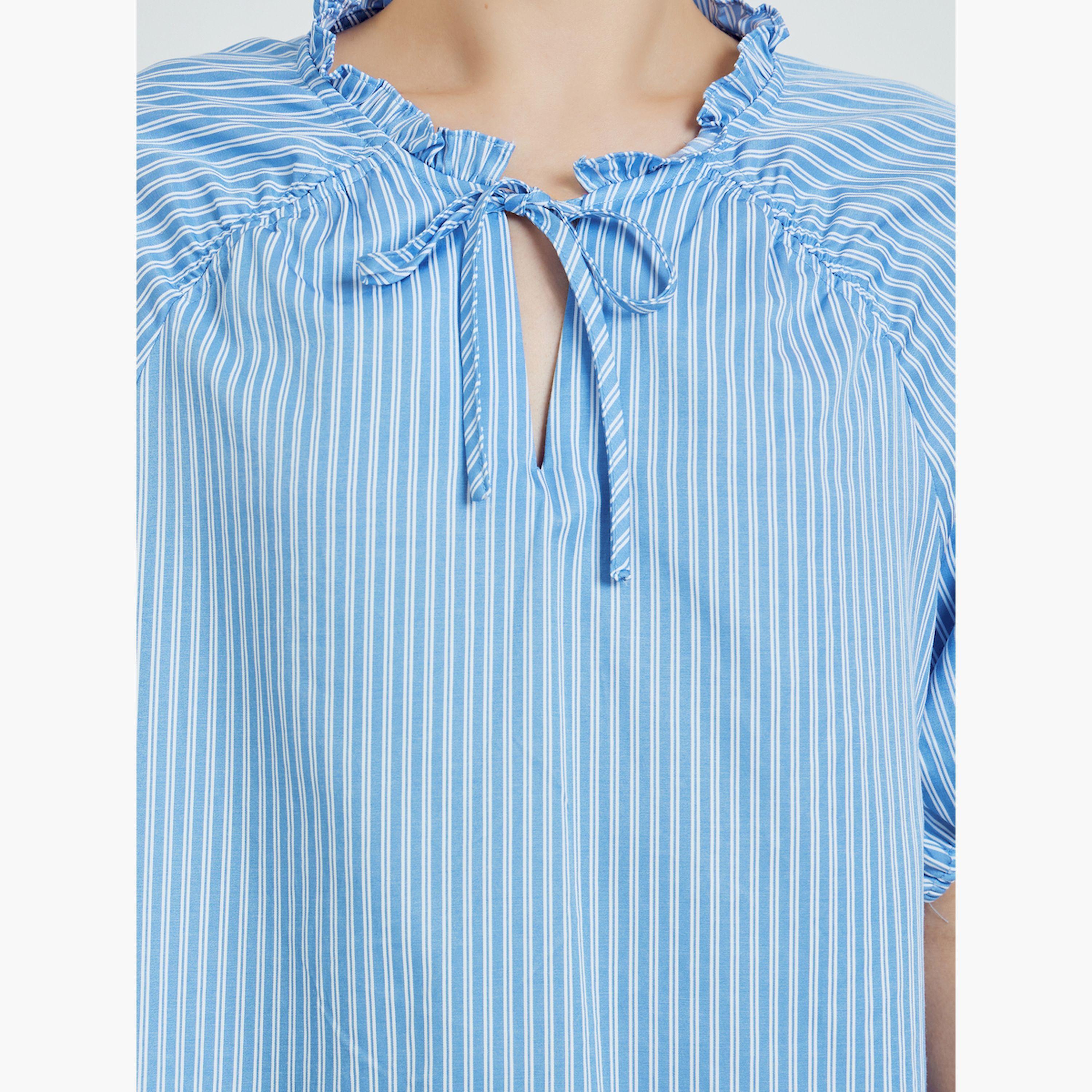 Styli Blue Striped Short Sleeve Blouse-women-clothing-shirtsandblouses-blouses-image-5