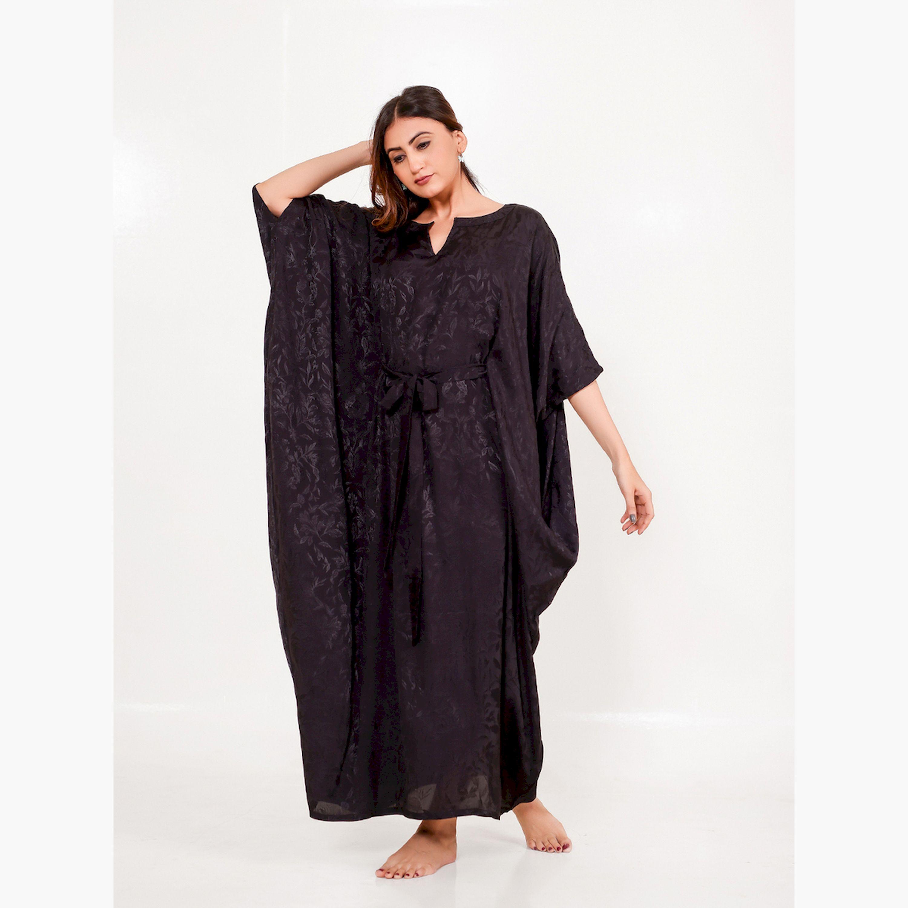 The Kaftan Company X Styli Black Jacquard Waist Tie Kaftan Nightdress-women-clothing-nightwear-nighties-image-2