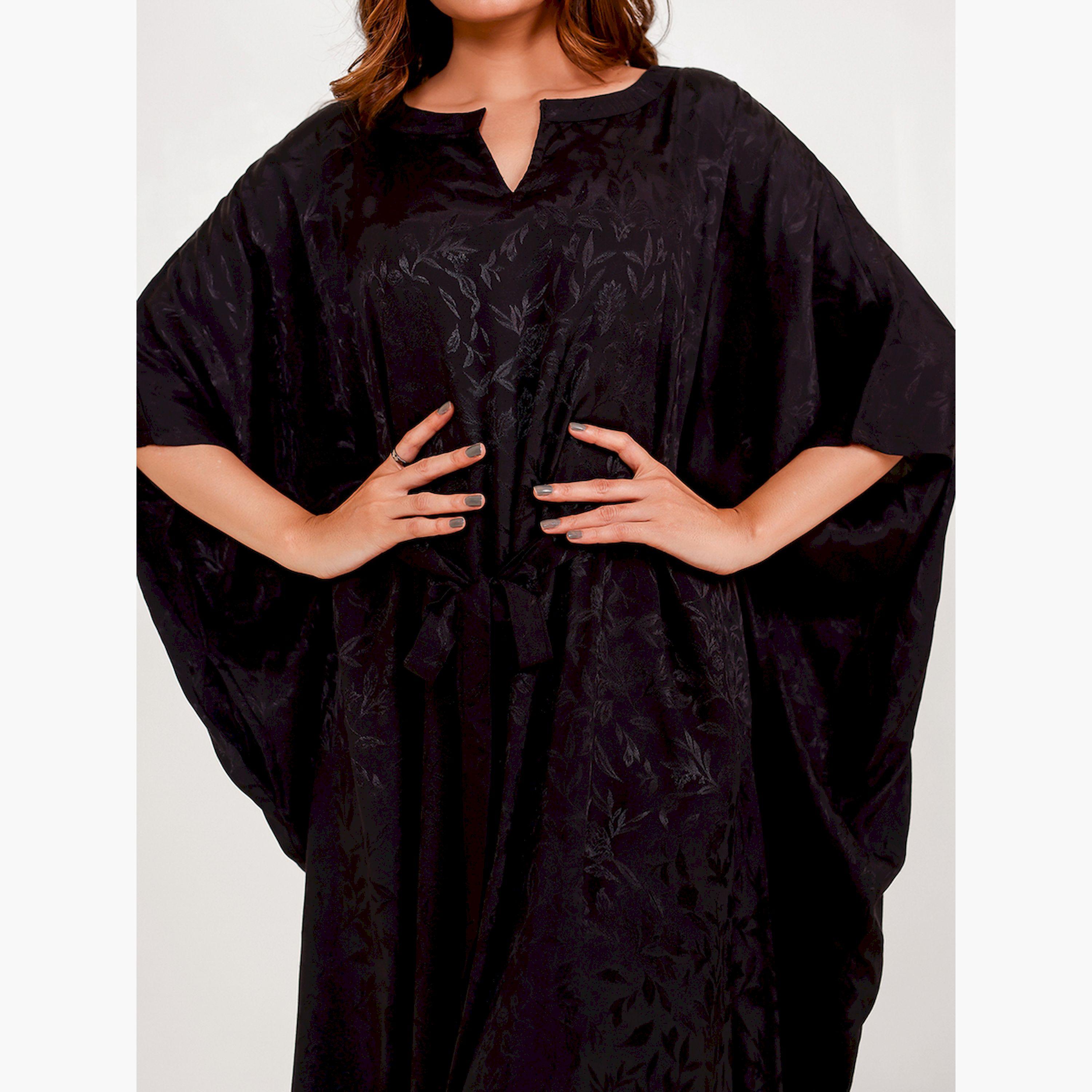 The Kaftan Company X Styli Black Jacquard Waist Tie Kaftan Nightdress-women-clothing-nightwear-nighties-image-5