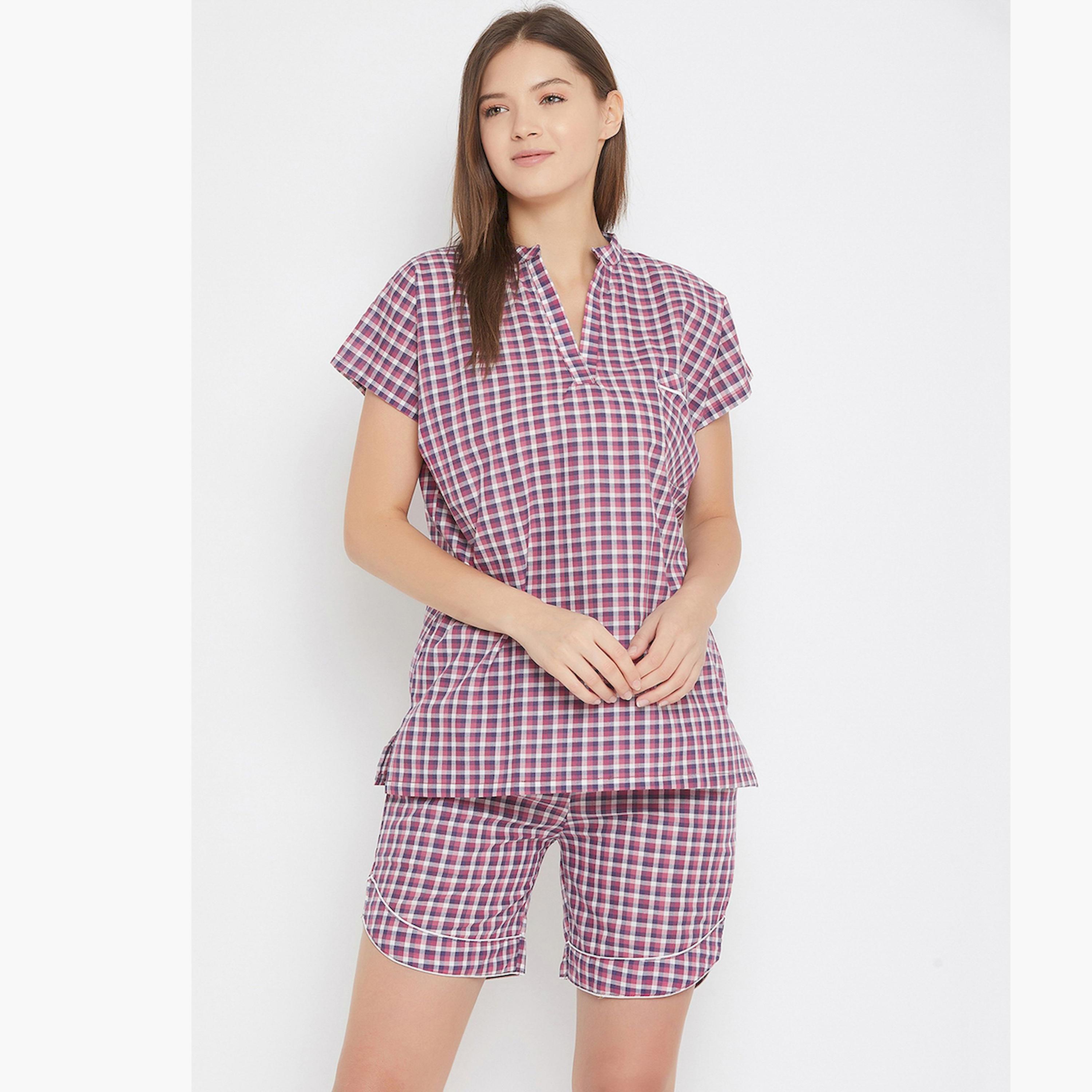 طقم قطني بلوزة كاروهات بنفسجي وشورت-women-clothing-nightwear-pyjamas-shortsets-image-1