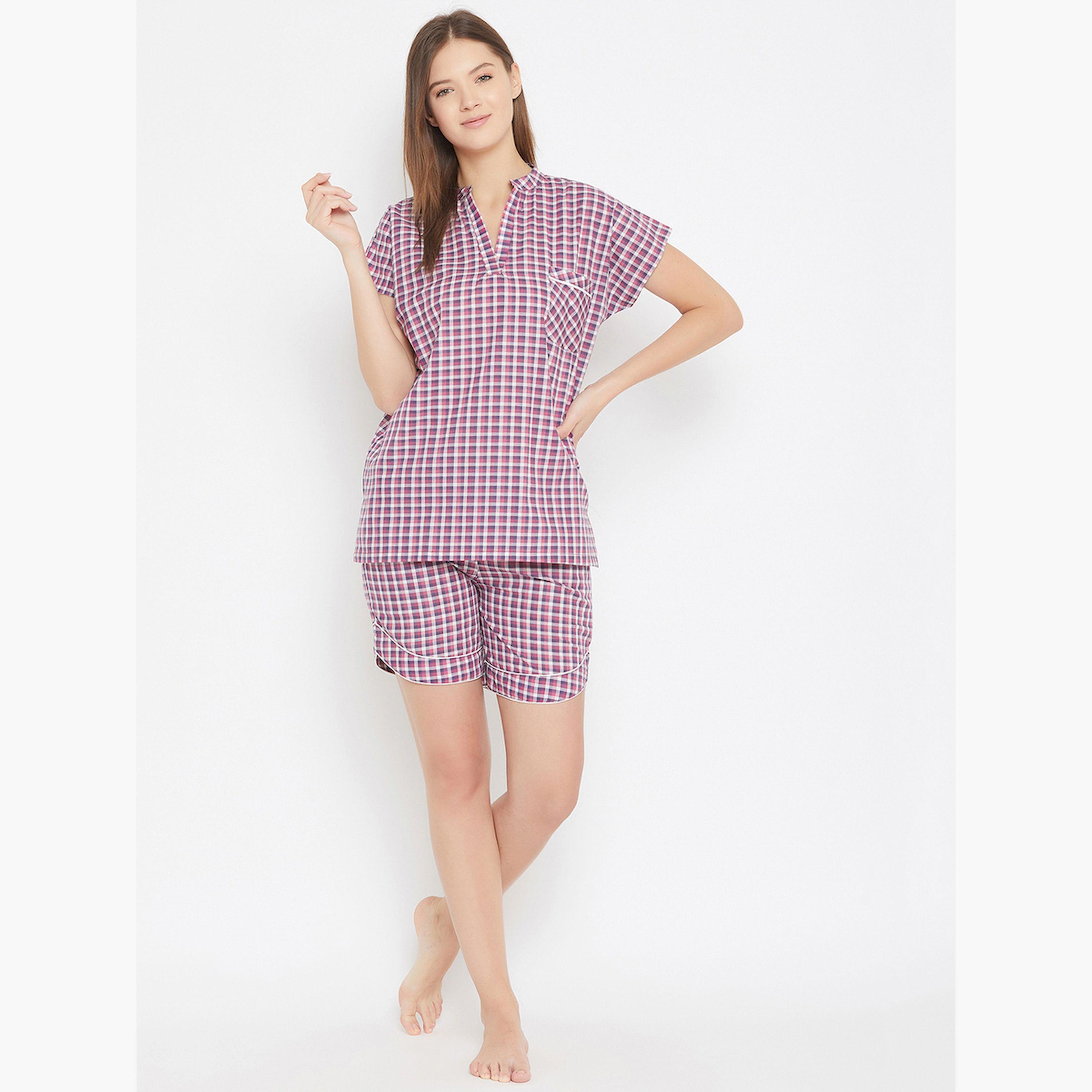 طقم قطني بلوزة كاروهات بنفسجي وشورت-women-clothing-nightwear-pyjamas-shortsets-image-4