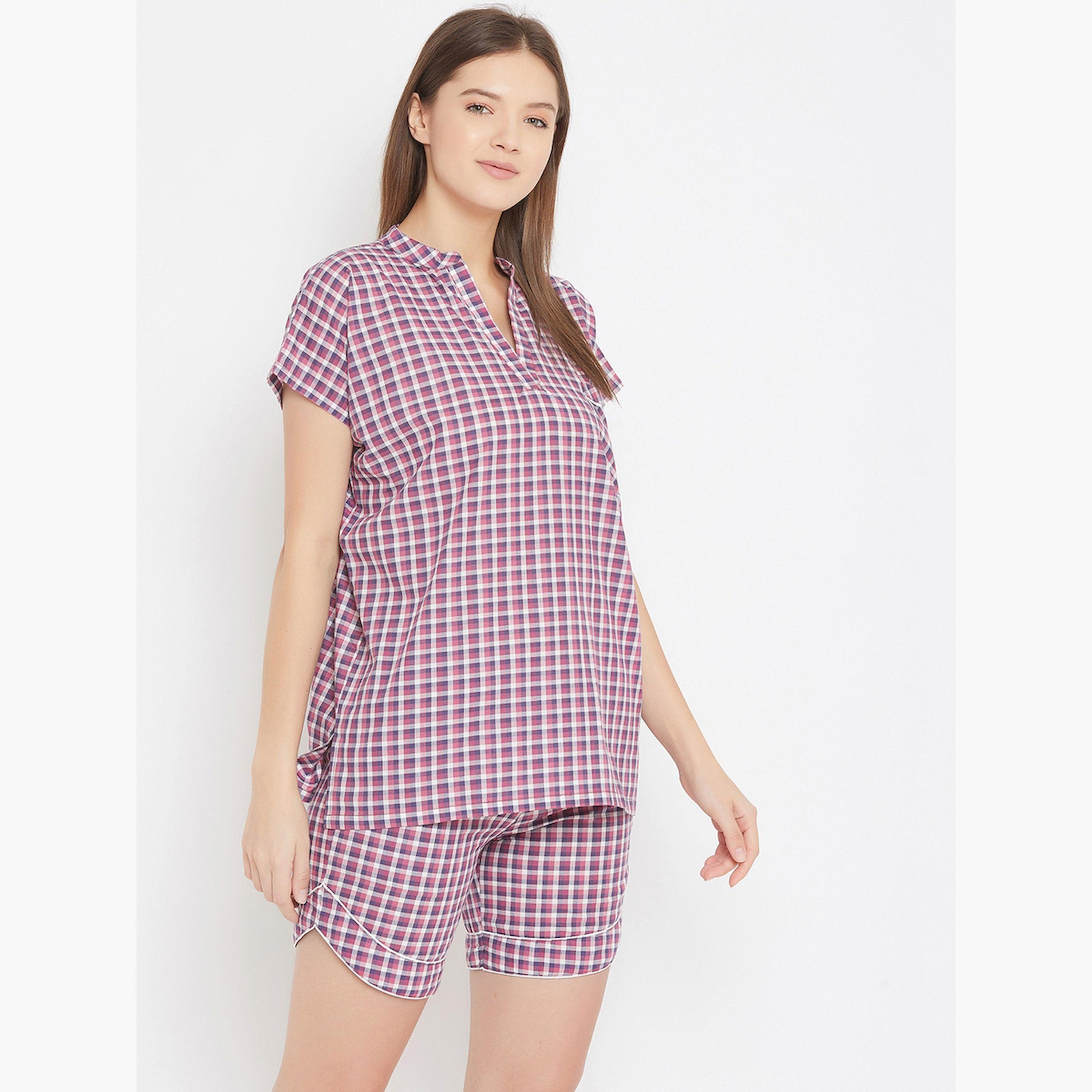 طقم قطني بلوزة كاروهات بنفسجي وشورت-women-clothing-nightwear-pyjamas-shortsets-image-3