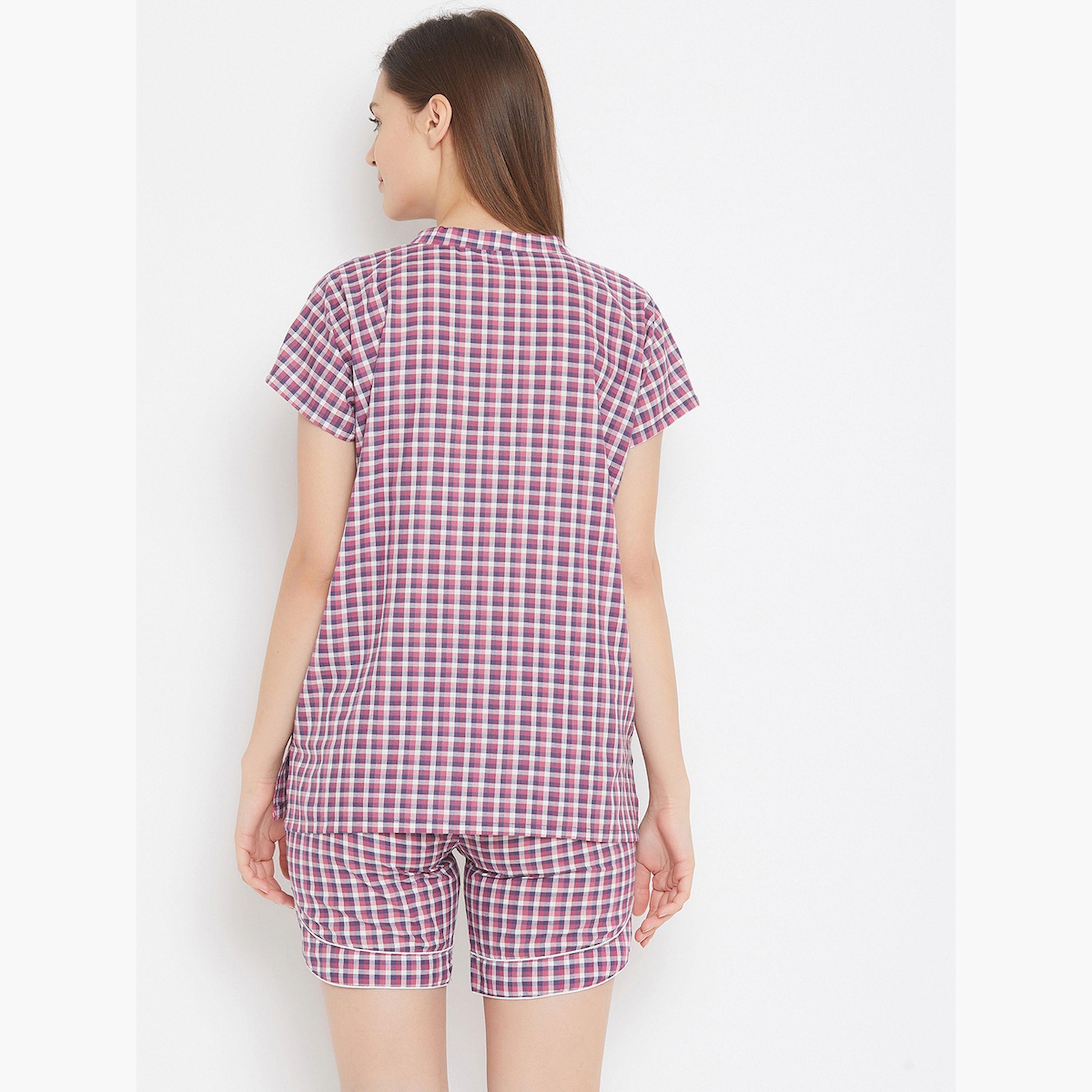طقم قطني بلوزة كاروهات بنفسجي وشورت-women-clothing-nightwear-pyjamas-shortsets-image-4