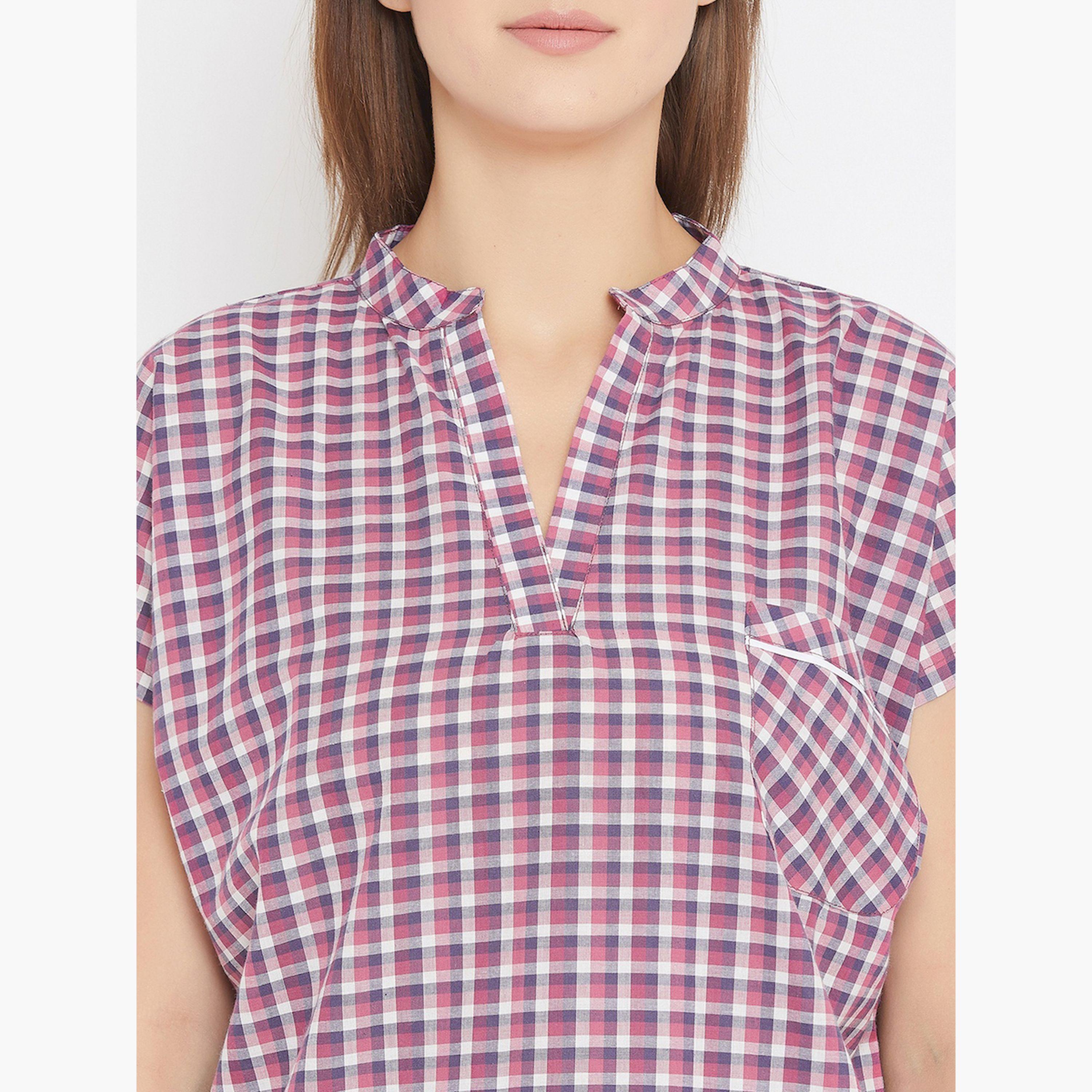 طقم قطني بلوزة كاروهات بنفسجي وشورت-women-clothing-nightwear-pyjamas-shortsets-image-5