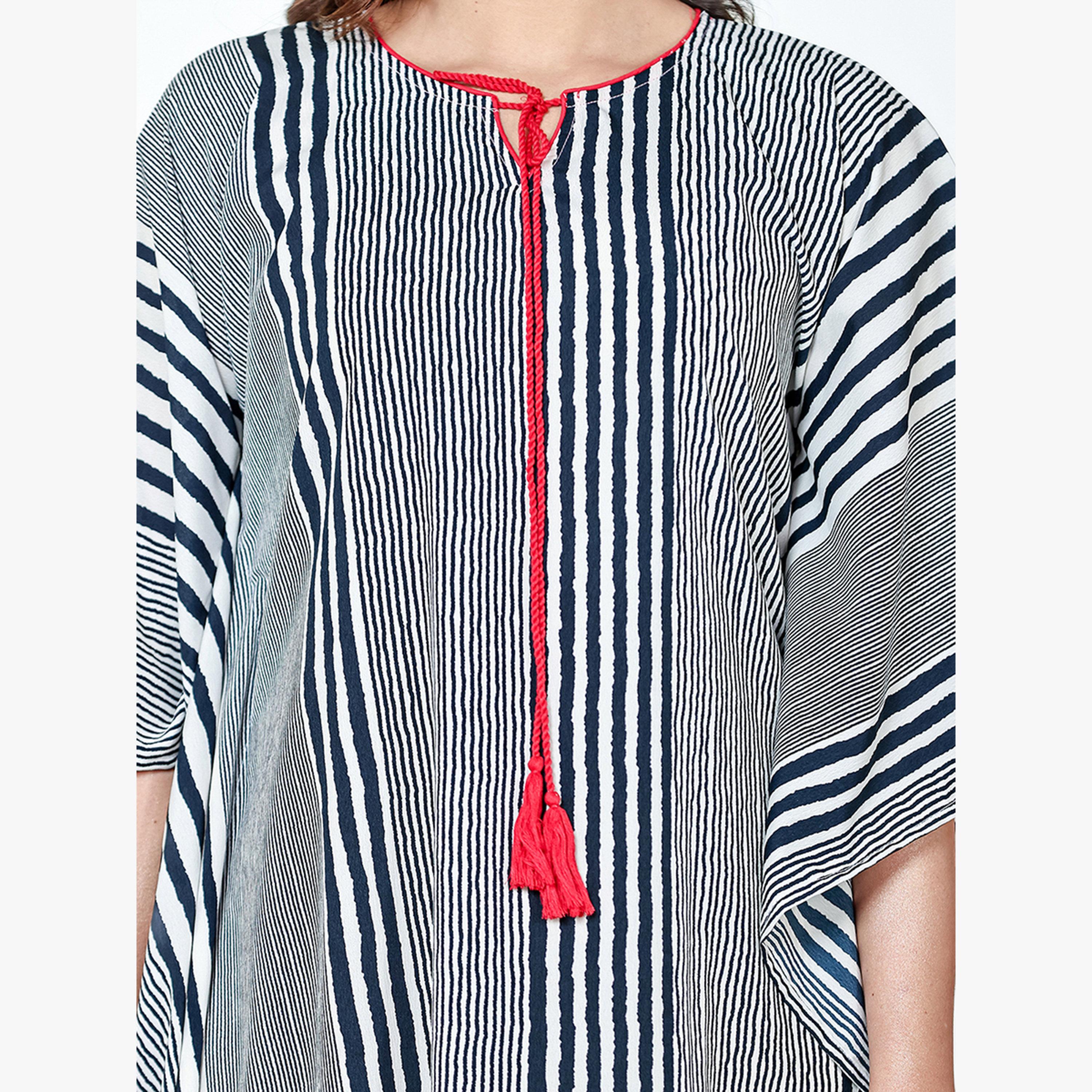 قميص نوم قفطان بأكمام 3/4 وتفاصيل مخططة-women-clothing-nightwear-nighties-image-6