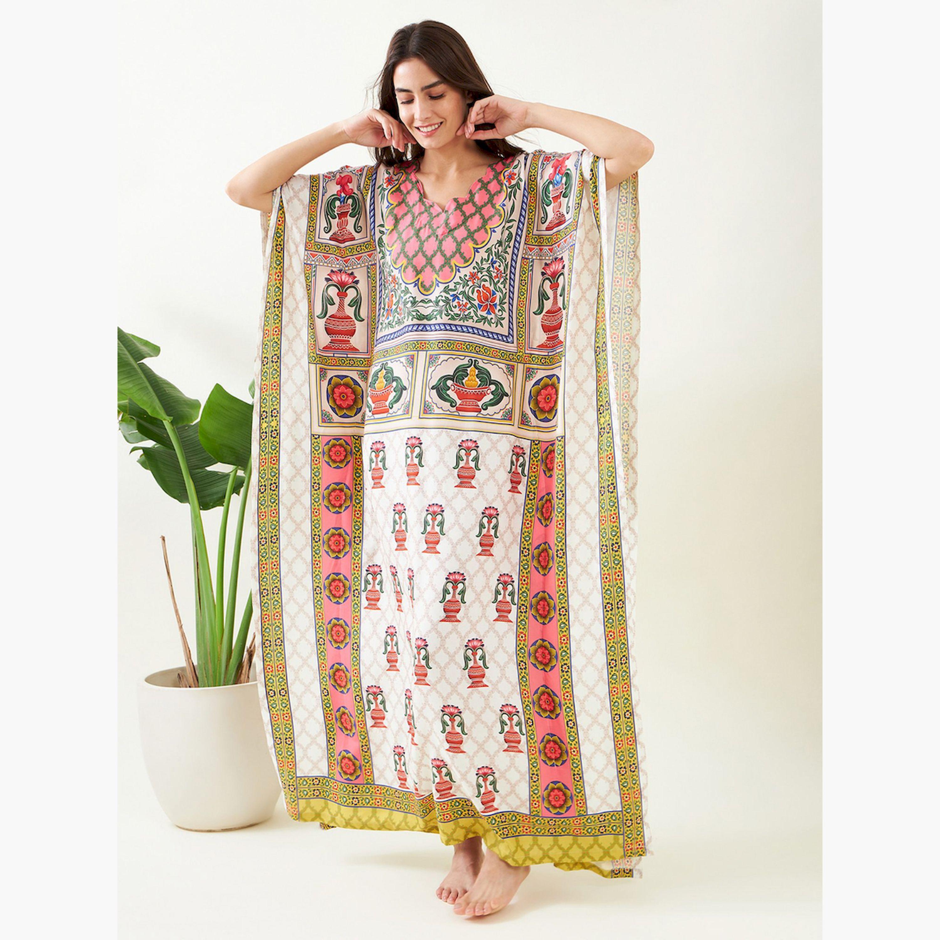 The Kaftan Company X Styli White Printed Kaftan Nightdress-women-clothing-nightwear-nighties-image-1