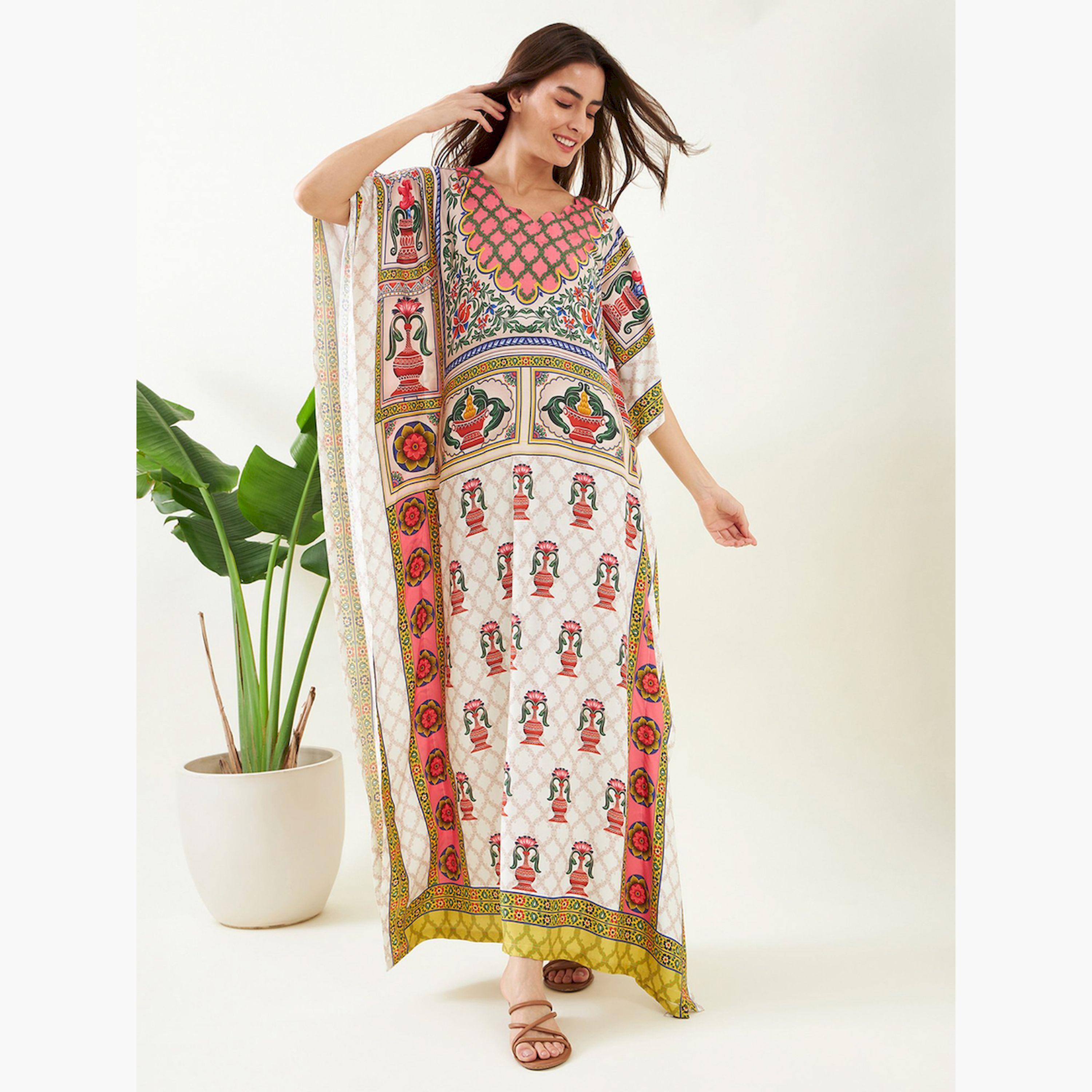 قميص نوم قفطان أبيض منقوش-women-clothing-nightwear-nighties-image-2