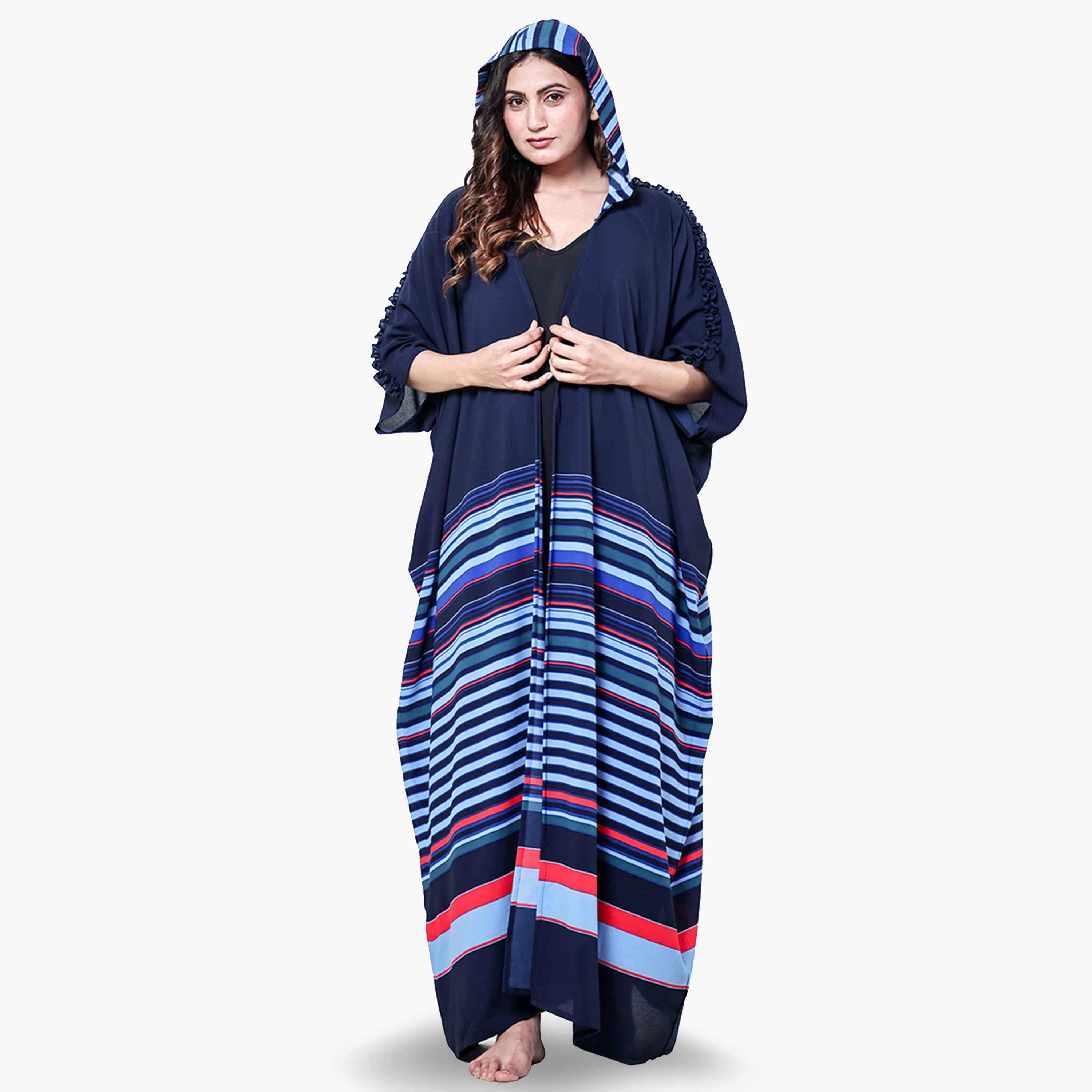 The Kaftan Company X Styli Blue Striped Hooded Kaftan Nightdress-women-clothing-nightwear-nighties-image-1