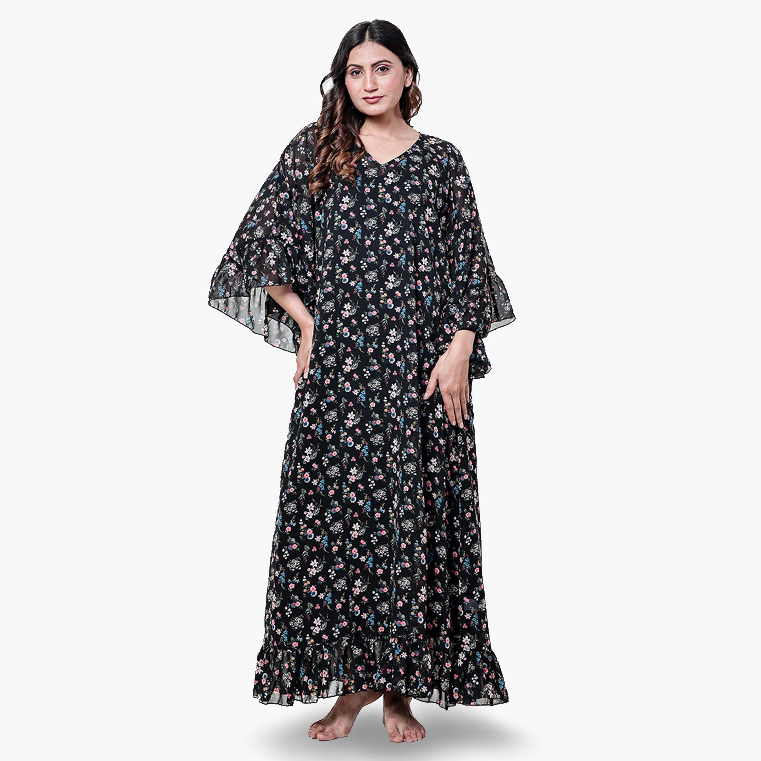 The Kaftan Company X Styli Black Floral Ruffle Nightdress with Inner Slip-women-clothing-nightwear-nighties-image-1