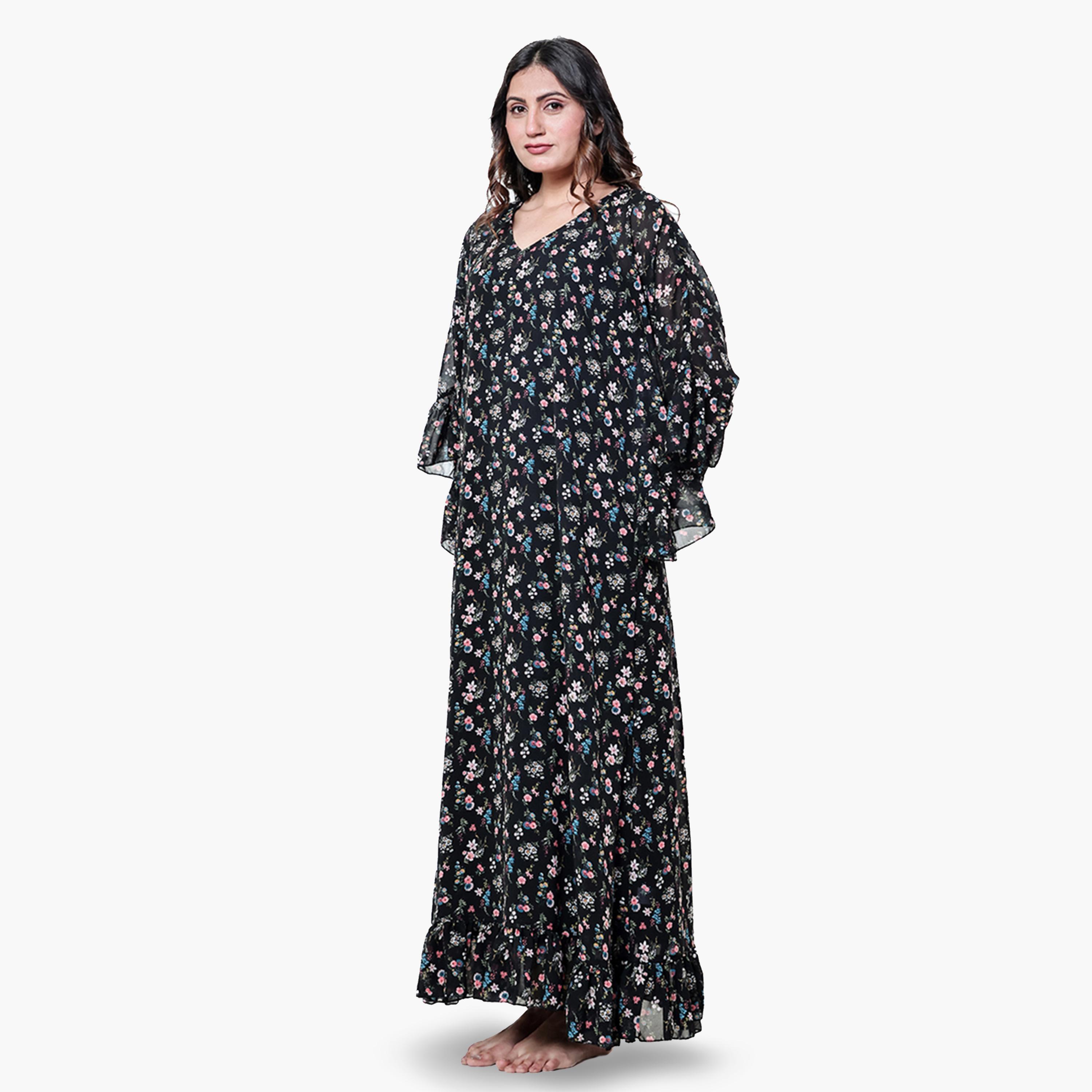 The Kaftan Company X Styli Black Floral Ruffle Nightdress with Inner Slip-women-clothing-nightwear-nighties-image-2