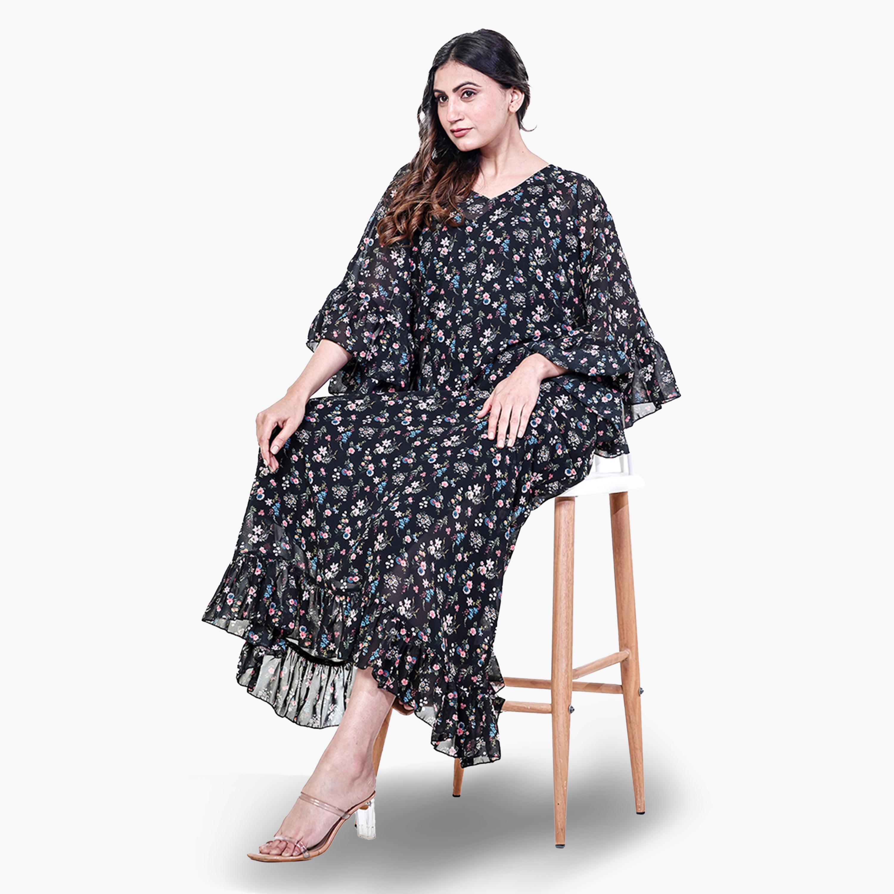 The Kaftan Company X Styli Black Floral Ruffle Nightdress with Inner Slip-women-clothing-nightwear-nighties-image-3