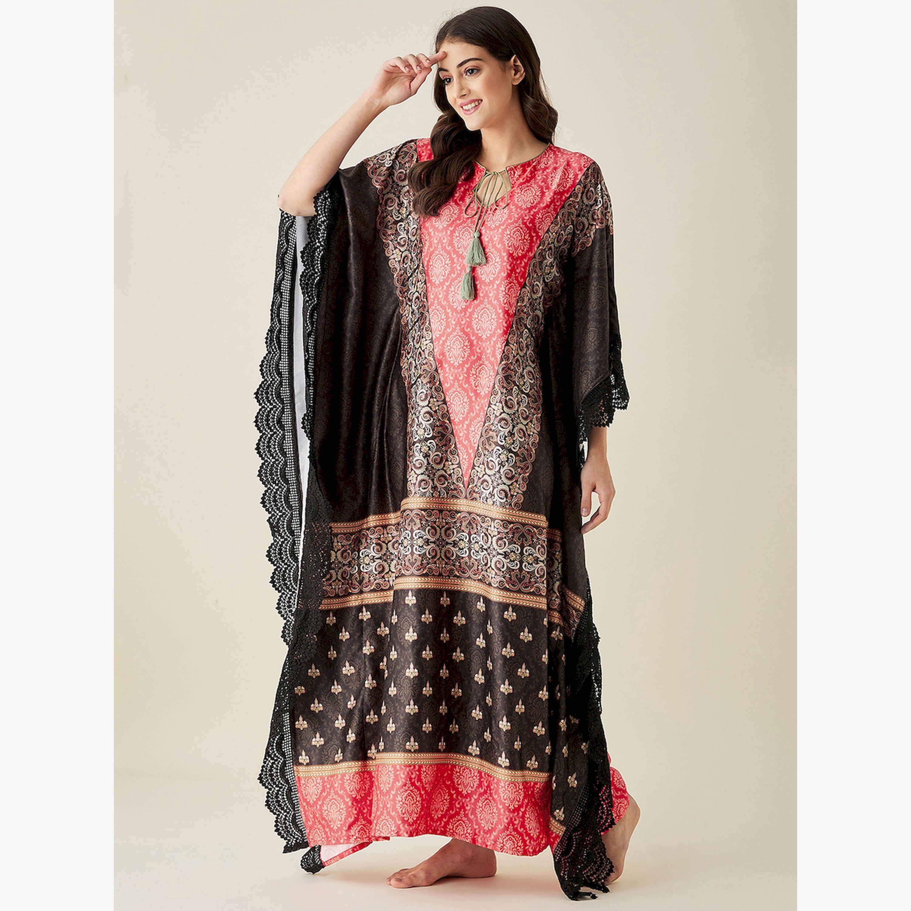 قميص نوم قفطان ساتان أحمر بنقشات إثنية-women-clothing-nightwear-nighties-image-1